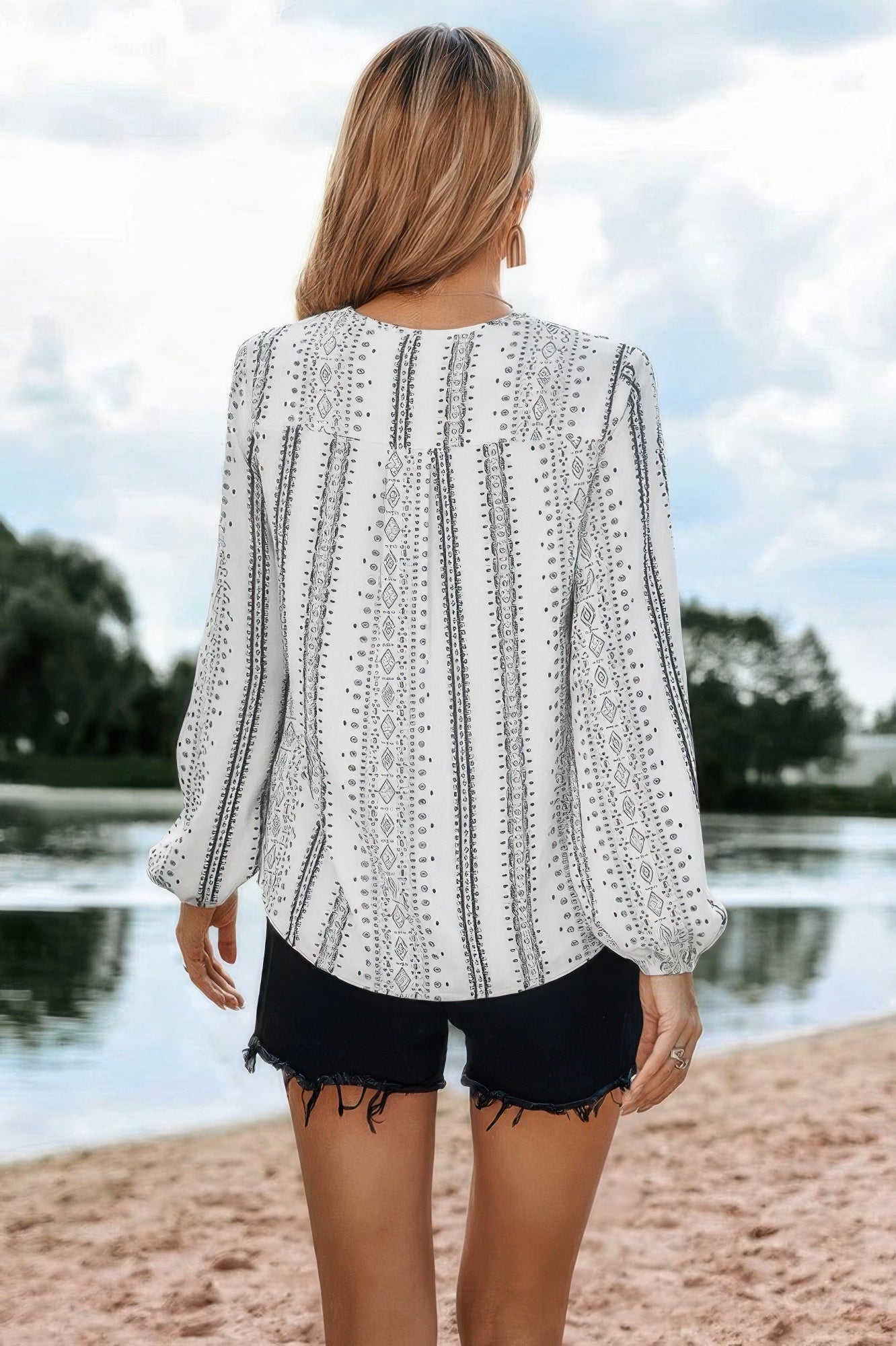 Color Block Graphic Print V Neck Ruffle Blouse product image