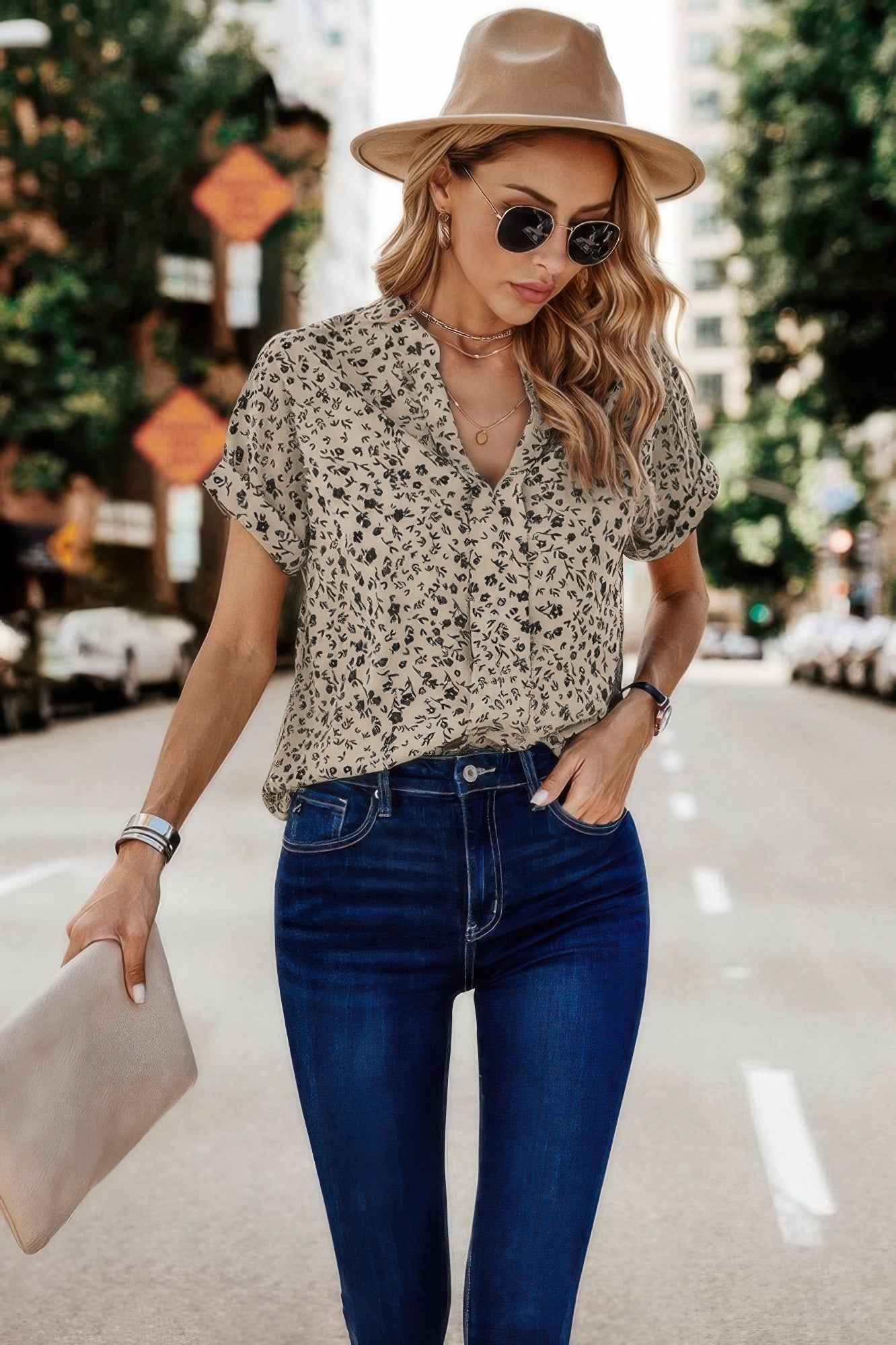 Floral Print V Neck Loose Fit Blouse Floral Print V Neck Loose Fit Blouse