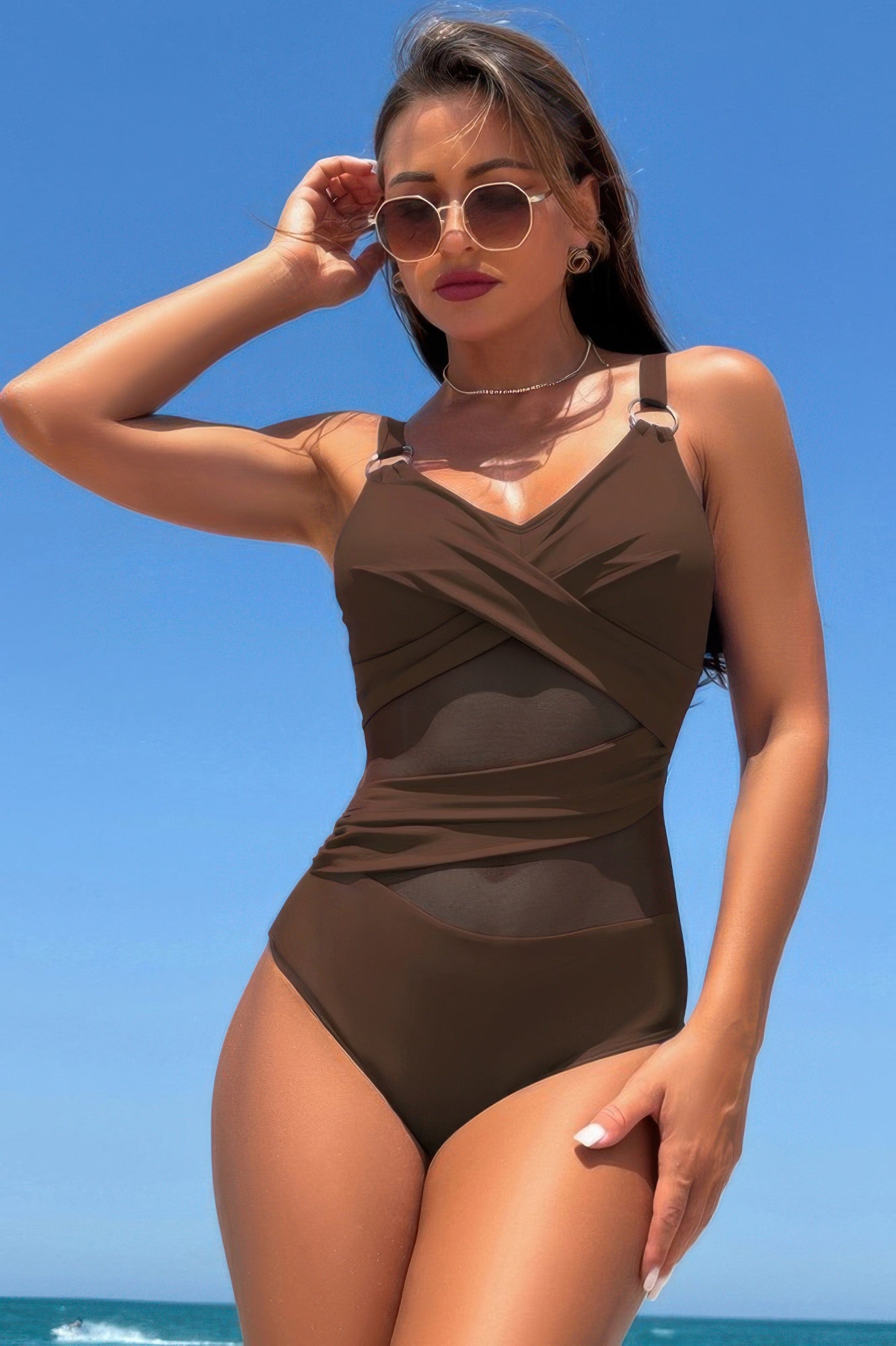 Sleeveless One Piece Cross Lace V Neck Swimsuit product image