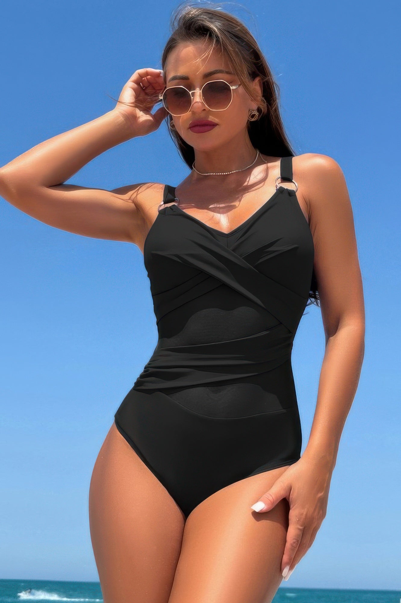 Sleeveless One Piece Cross Lace V Neck Swimsuit product image