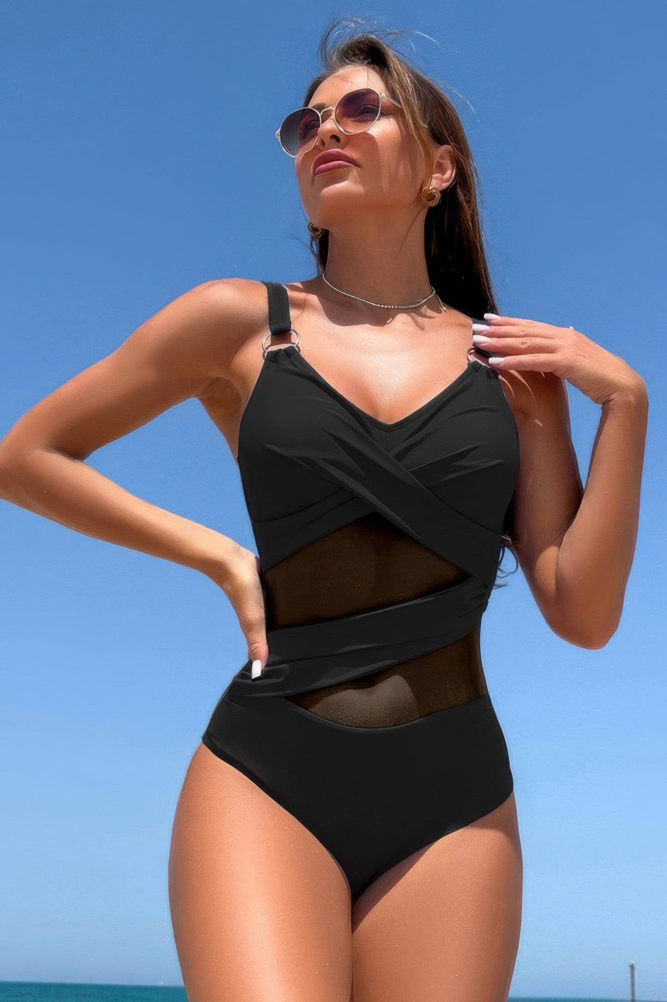 Sleeveless One Piece Cross Lace V Neck Swimsuit product image