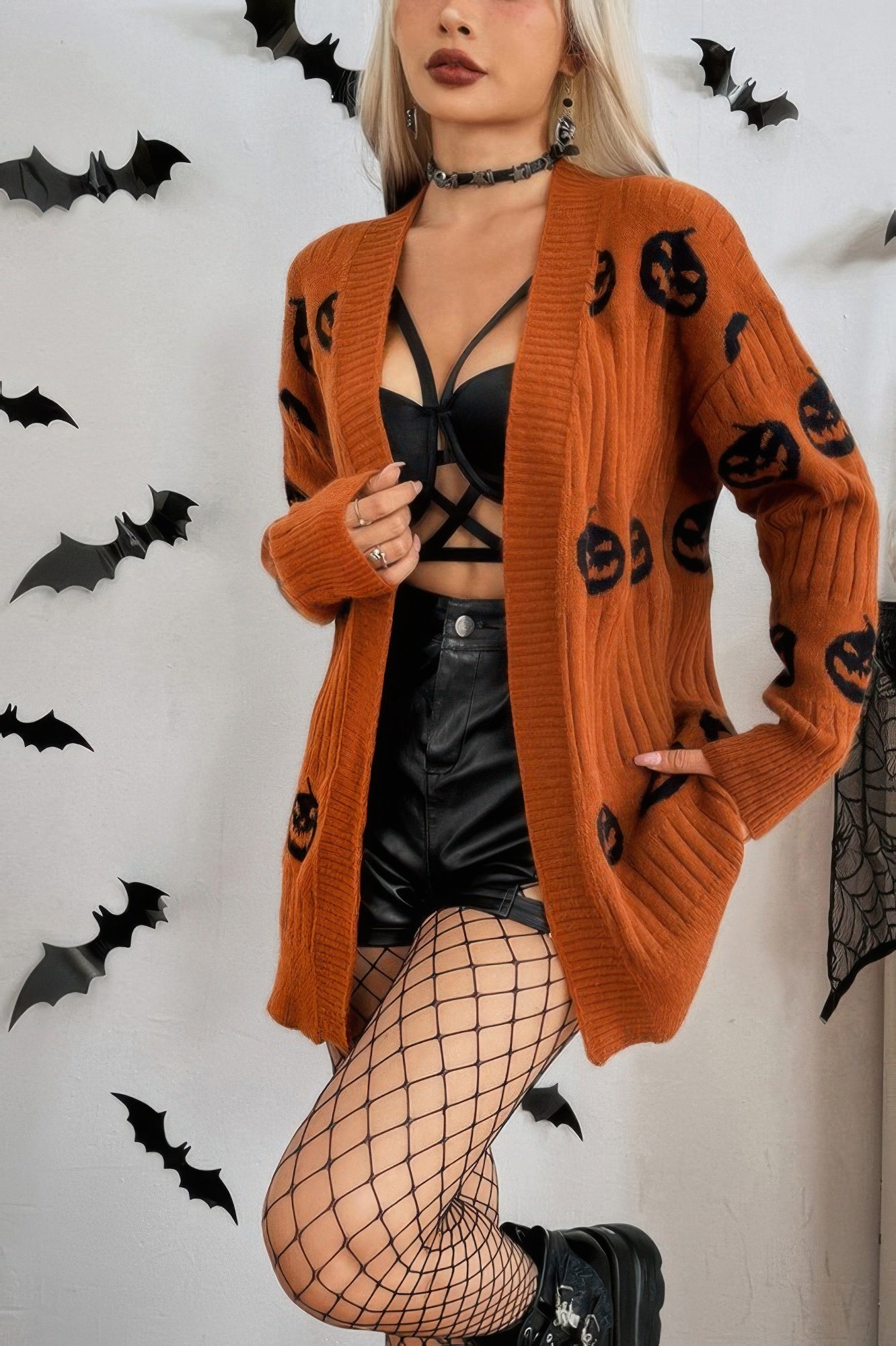 Pumpkin Print Open Front Long Sleeve Cardigan product image