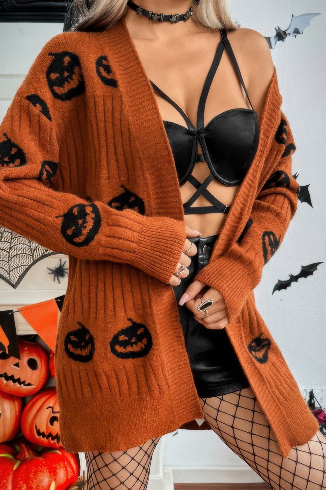 Pumpkin Print Open Front Long Sleeve Cardigan product image
