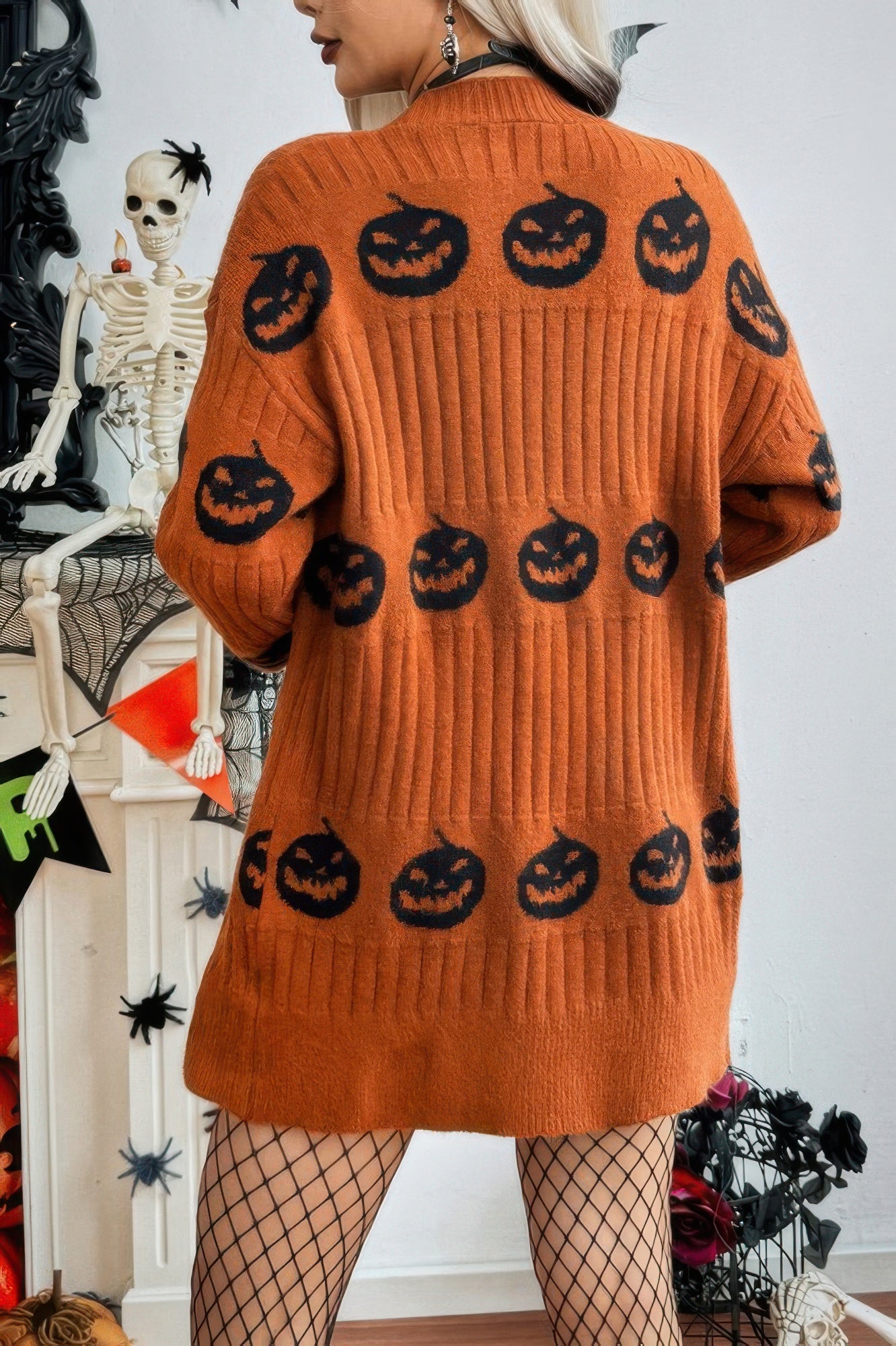 Pumpkin Print Open Front Long Sleeve Cardigan product image