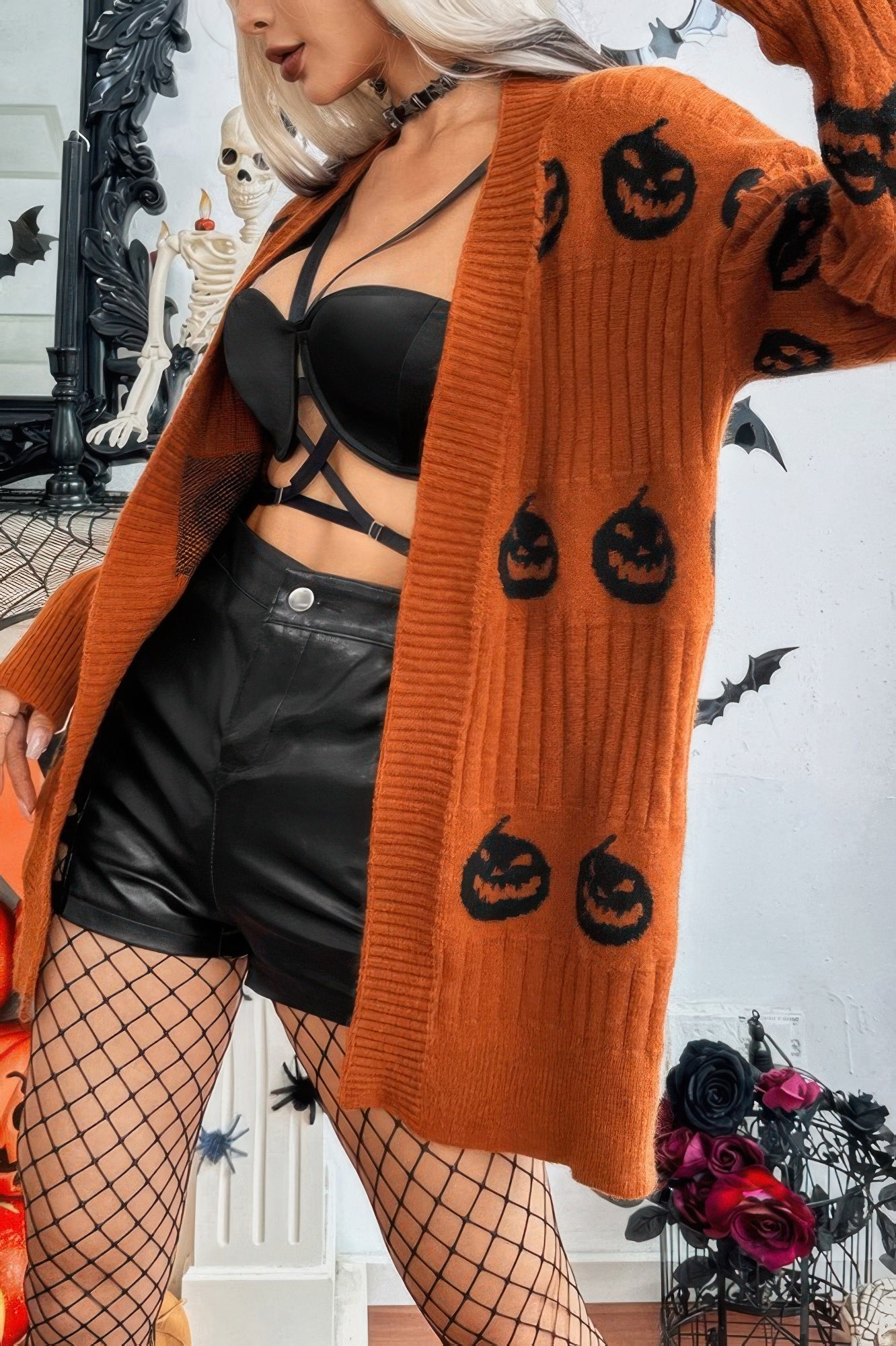 Pumpkin Print Open Front Long Sleeve Cardigan product image