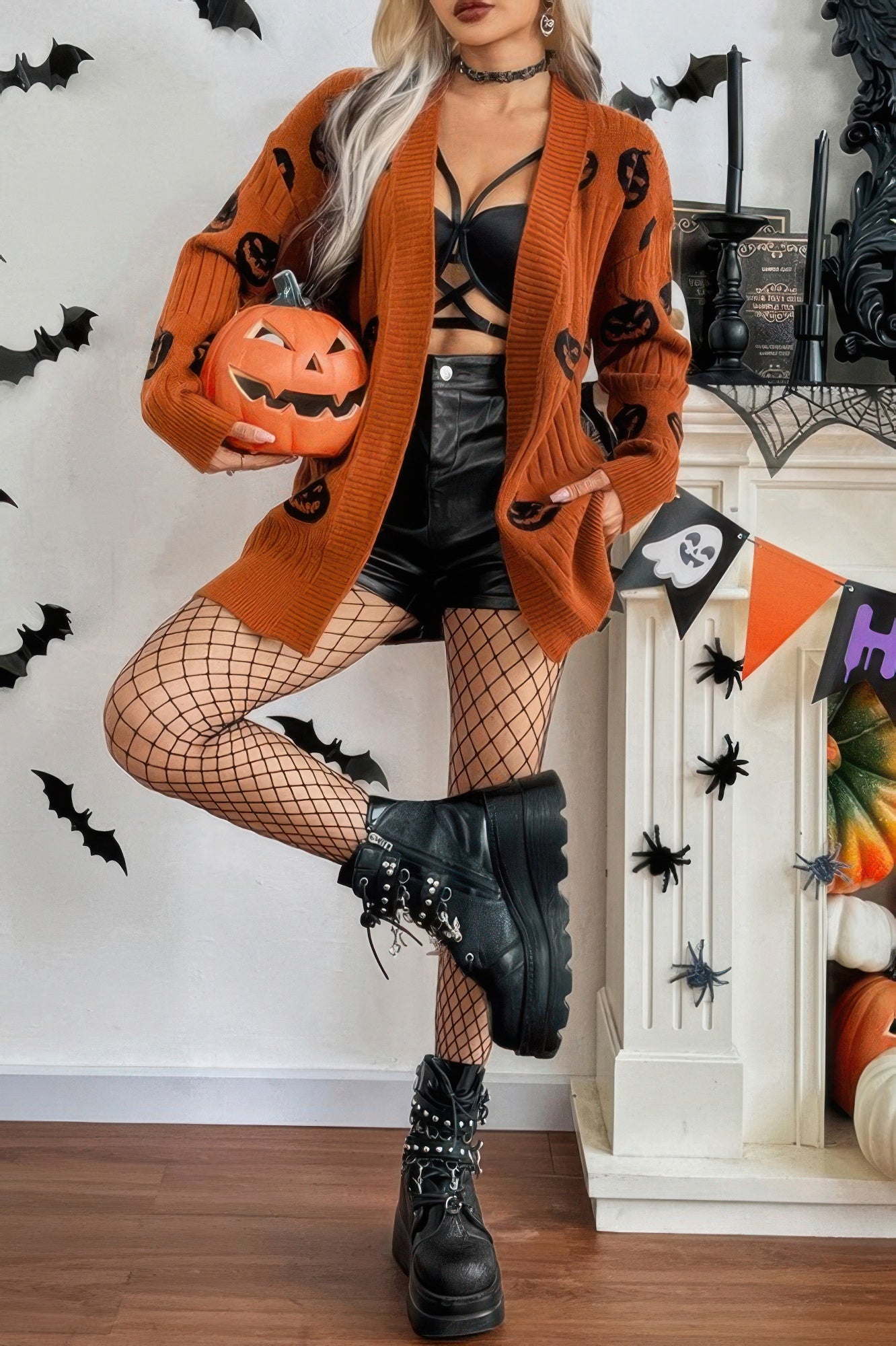 Pumpkin Print Open Front Long Sleeve Cardigan product image