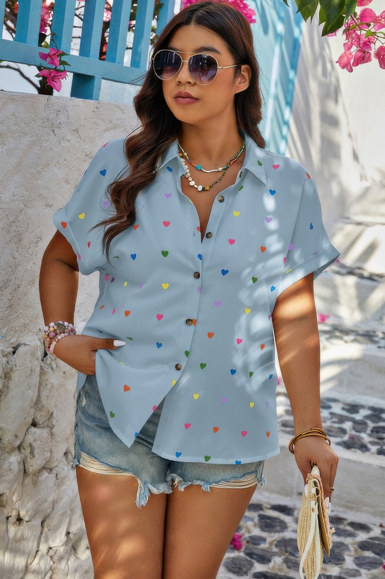 Plus Size Hearts Print Button Down Loose Blouse product image