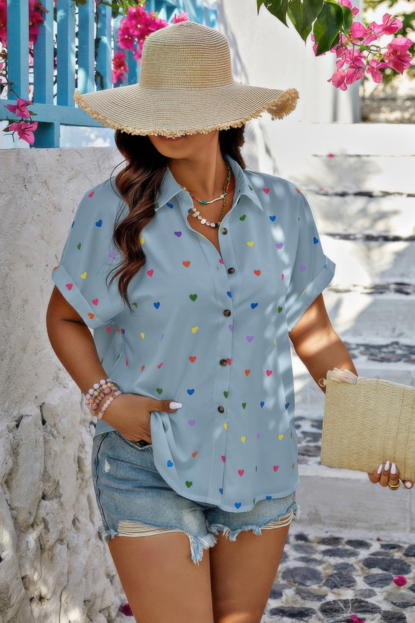 Plus Size Hearts Print Button Down Loose Blouse product image