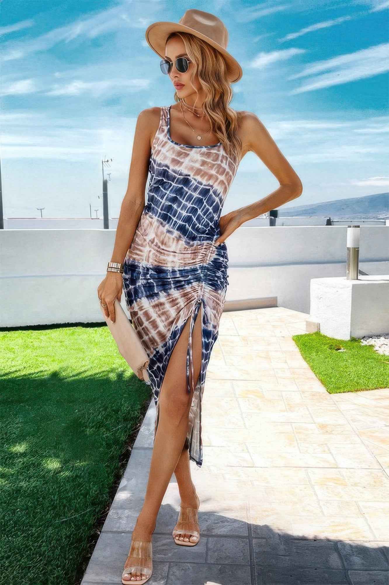 Ruched Allover Print Drawstring Split Thigh Dress Ruched Allover Print Drawstring Split Thigh Dress
