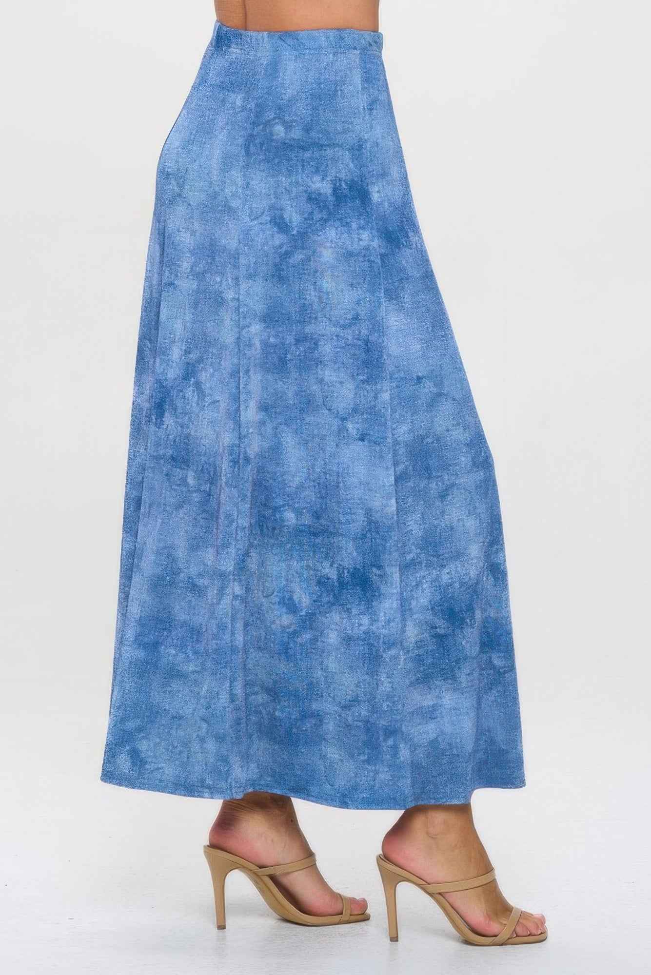 Elastic Waistband Denim Print Long Flared Skirt Elastic Waistband Denim Print Long Flared Skirt