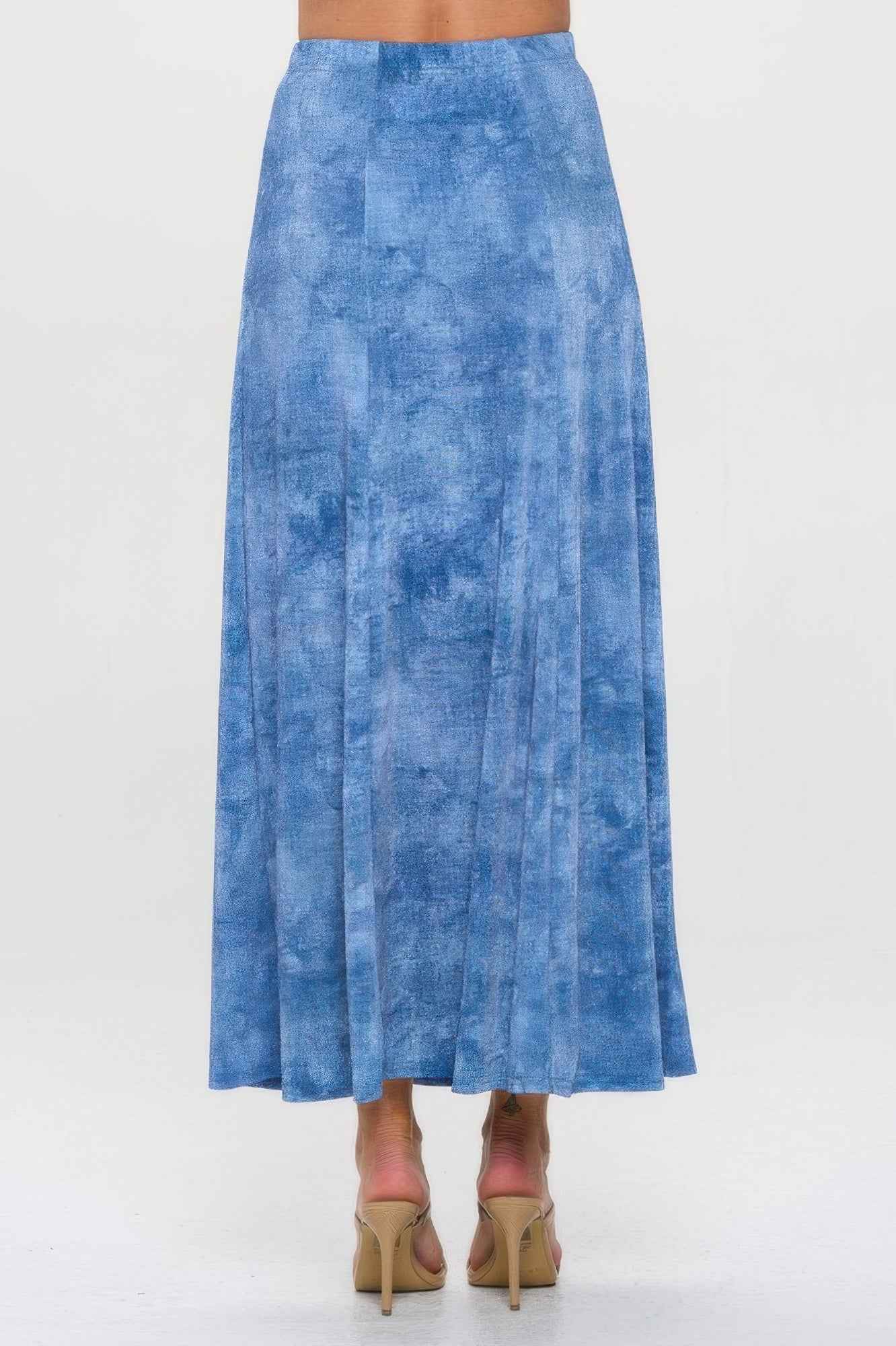 Elastic Waistband Denim Print Long Flared Skirt Elastic Waistband Denim Print Long Flared Skirt