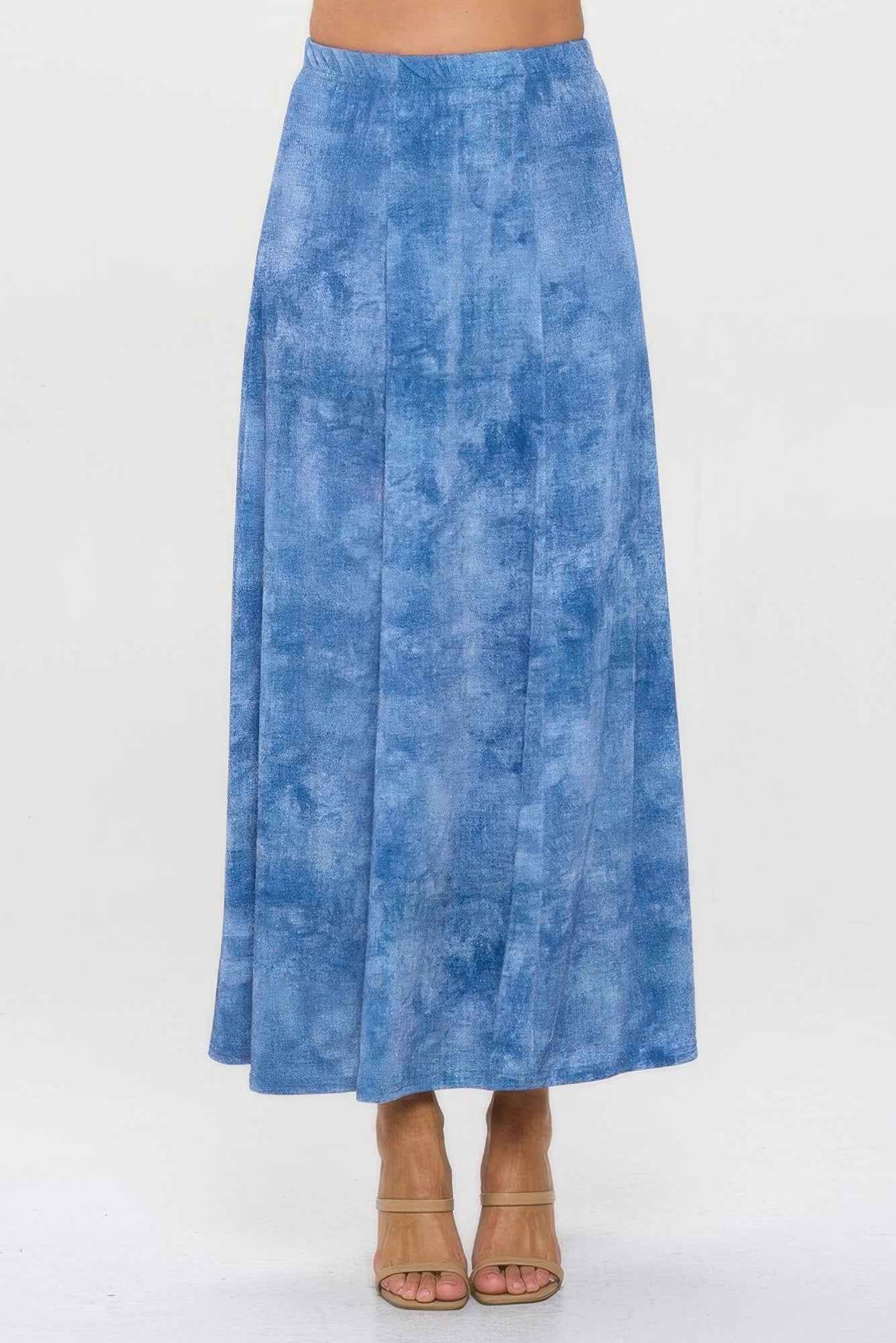 Elastic Waistband Denim Print Long Flared Skirt Elastic Waistband Denim Print Long Flared Skirt