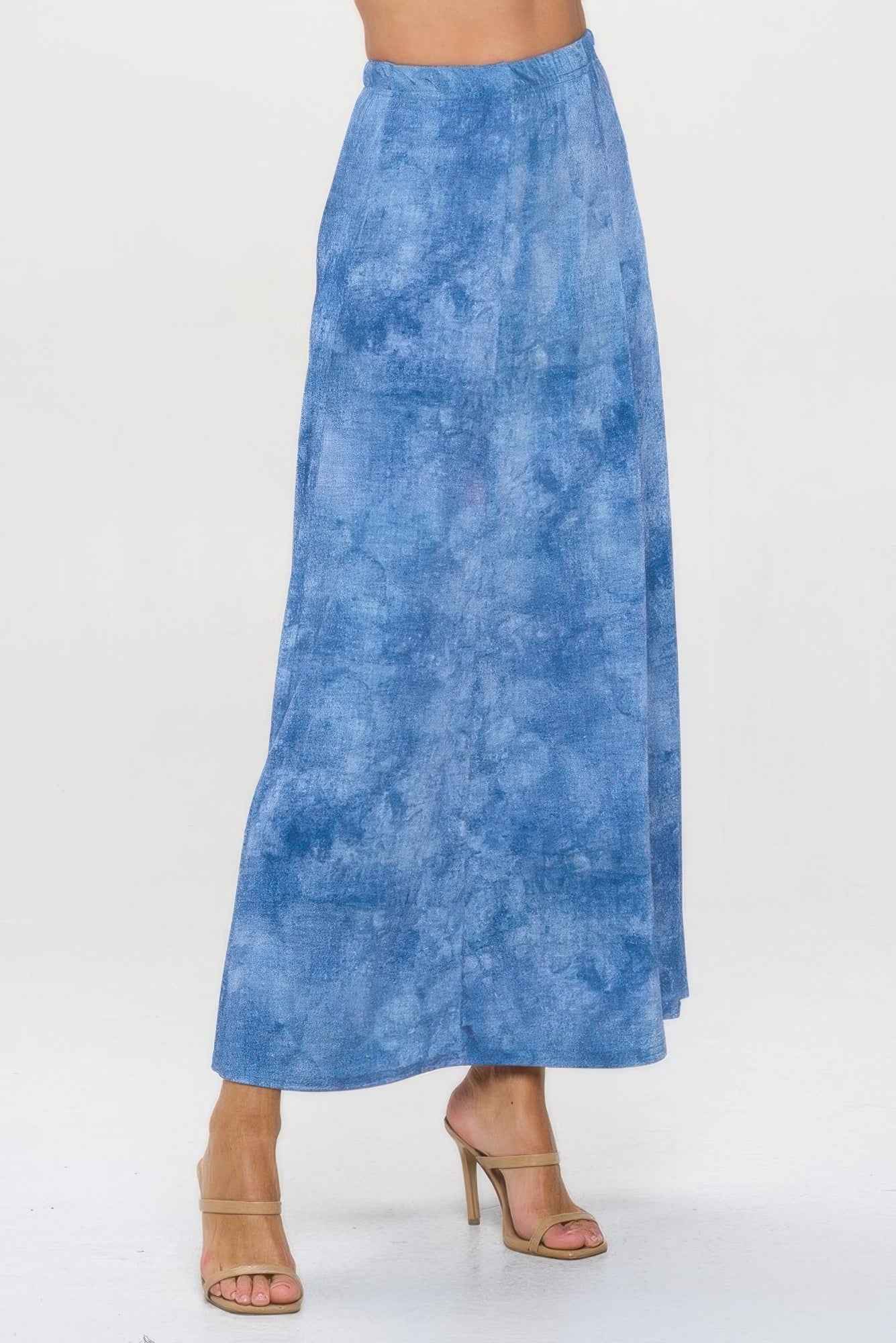 Elastic Waistband Denim Print Long Flared Skirt Elastic Waistband Denim Print Long Flared Skirt