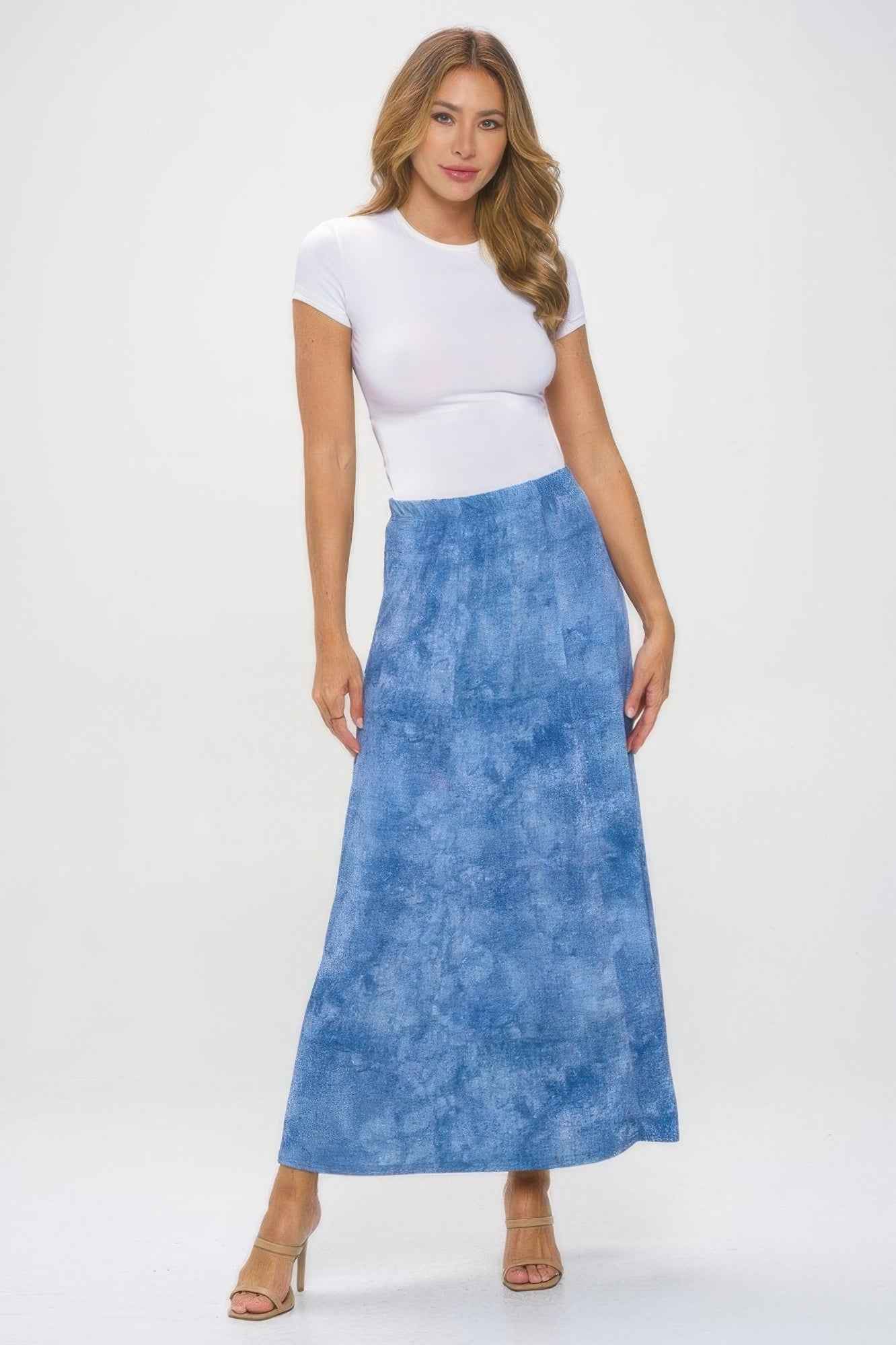 Elastic Waistband Denim Print Long Flared Skirt Elastic Waistband Denim Print Long Flared Skirt