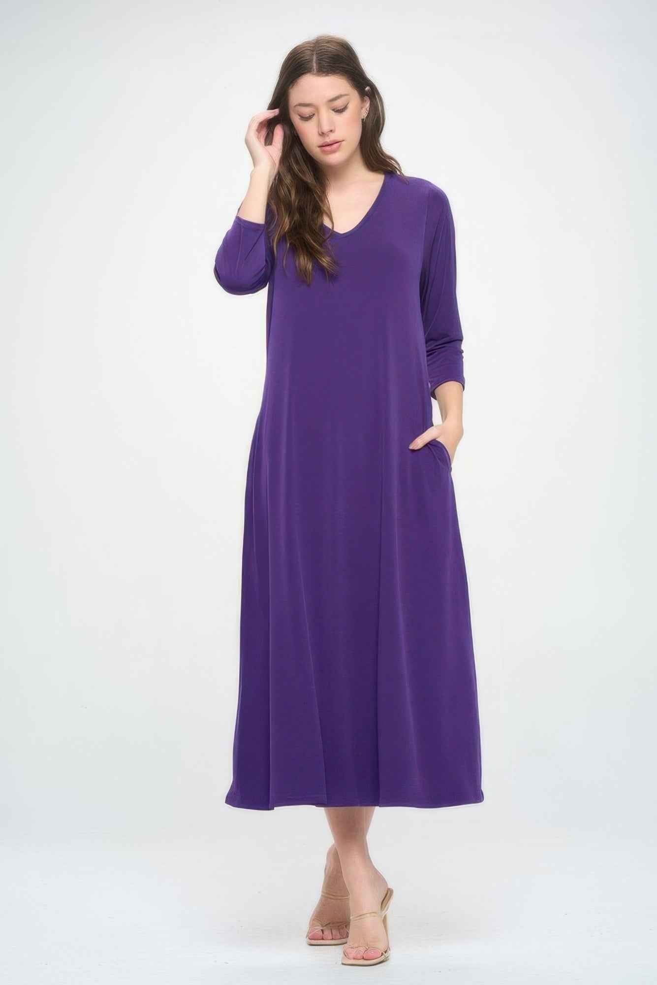Hit V-neck Long Dress W/pocket Hit V-neck Long Dress W/pocket