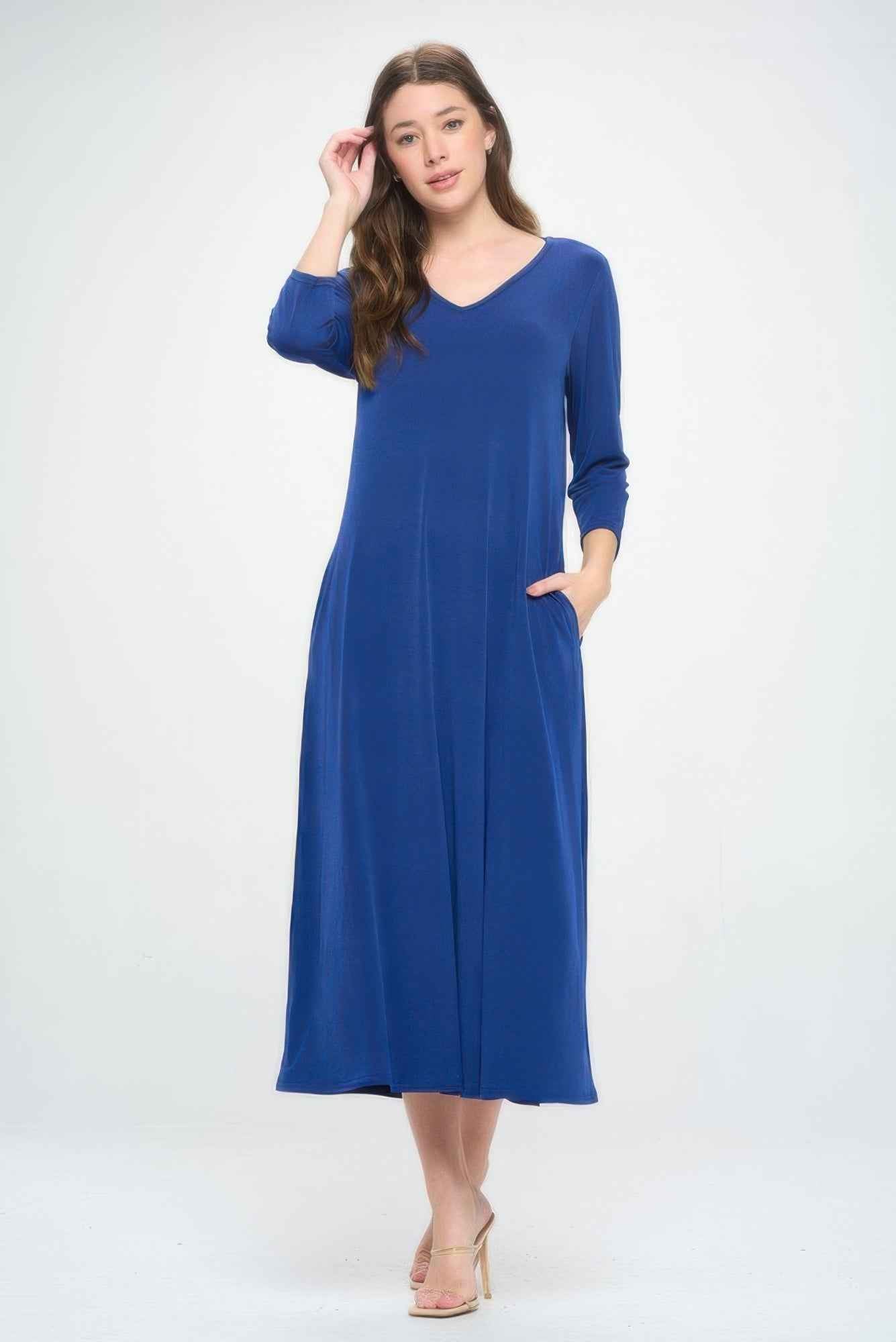 Hit V-neck Long Dress W/pocket Hit V-neck Long Dress W/pocket
