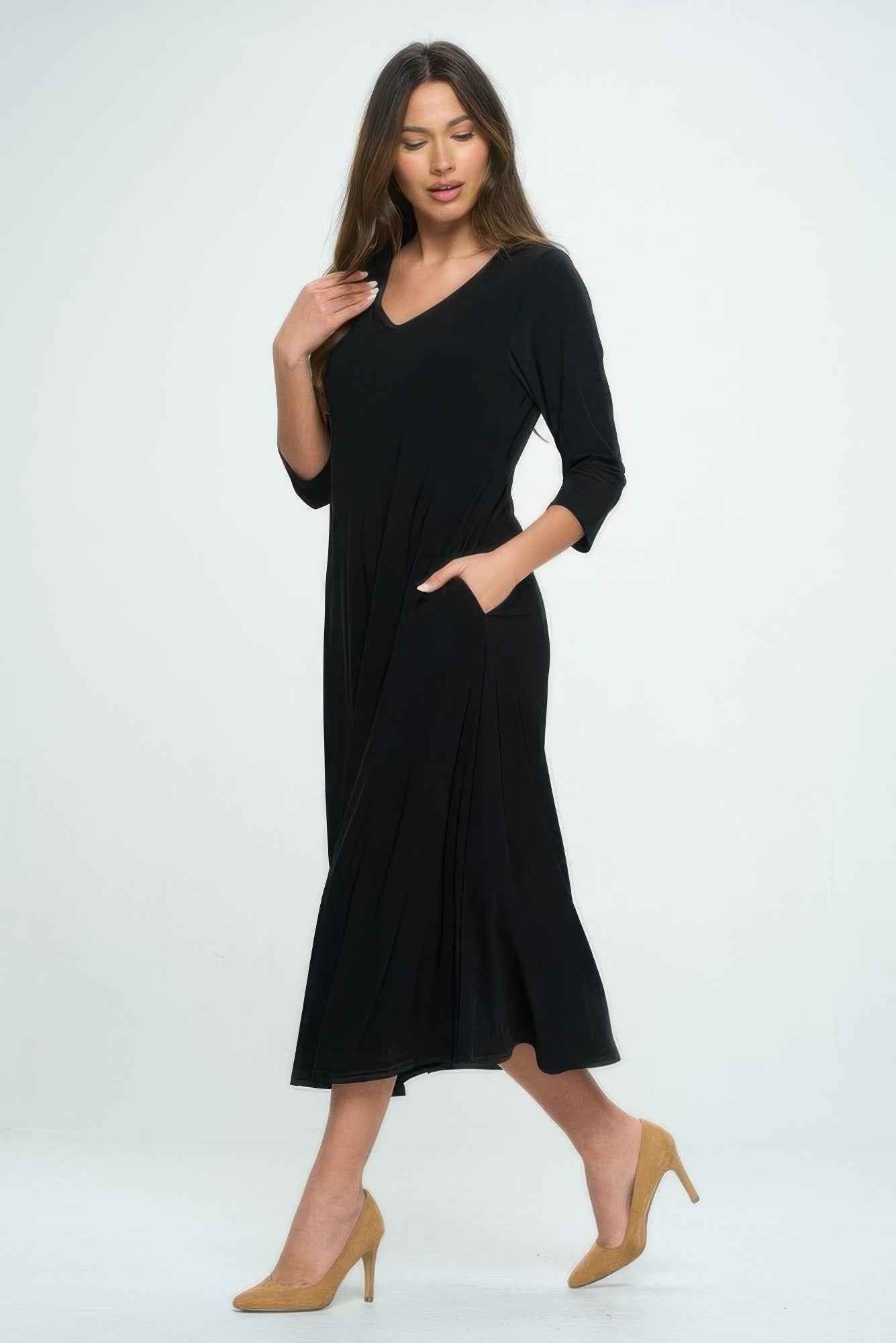 Hit V-neck Long Dress W/pocket Hit V-neck Long Dress W/pocket