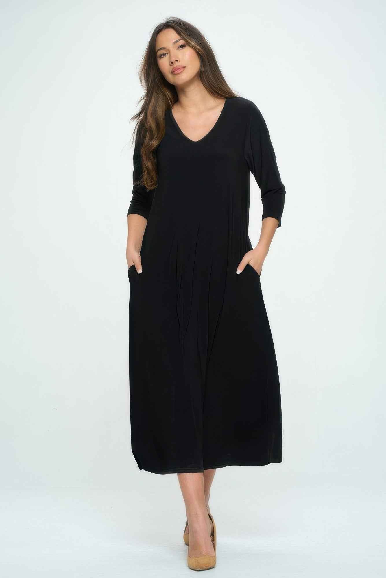 Hit V-neck Long Dress W/pocket Hit V-neck Long Dress W/pocket