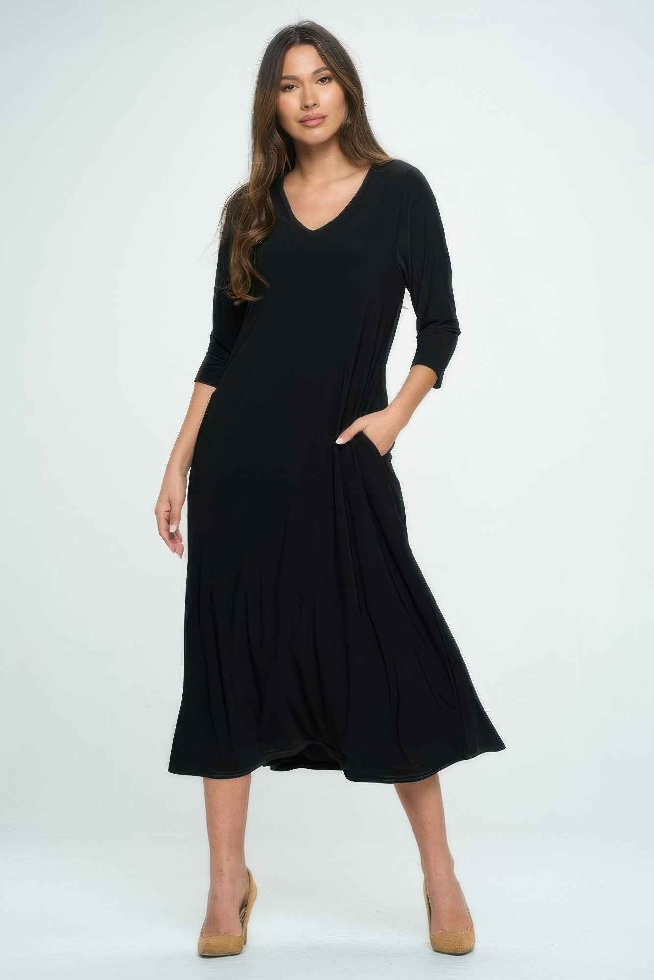 Hit V-neck Long Dress W/pocket Hit V-neck Long Dress W/pocket