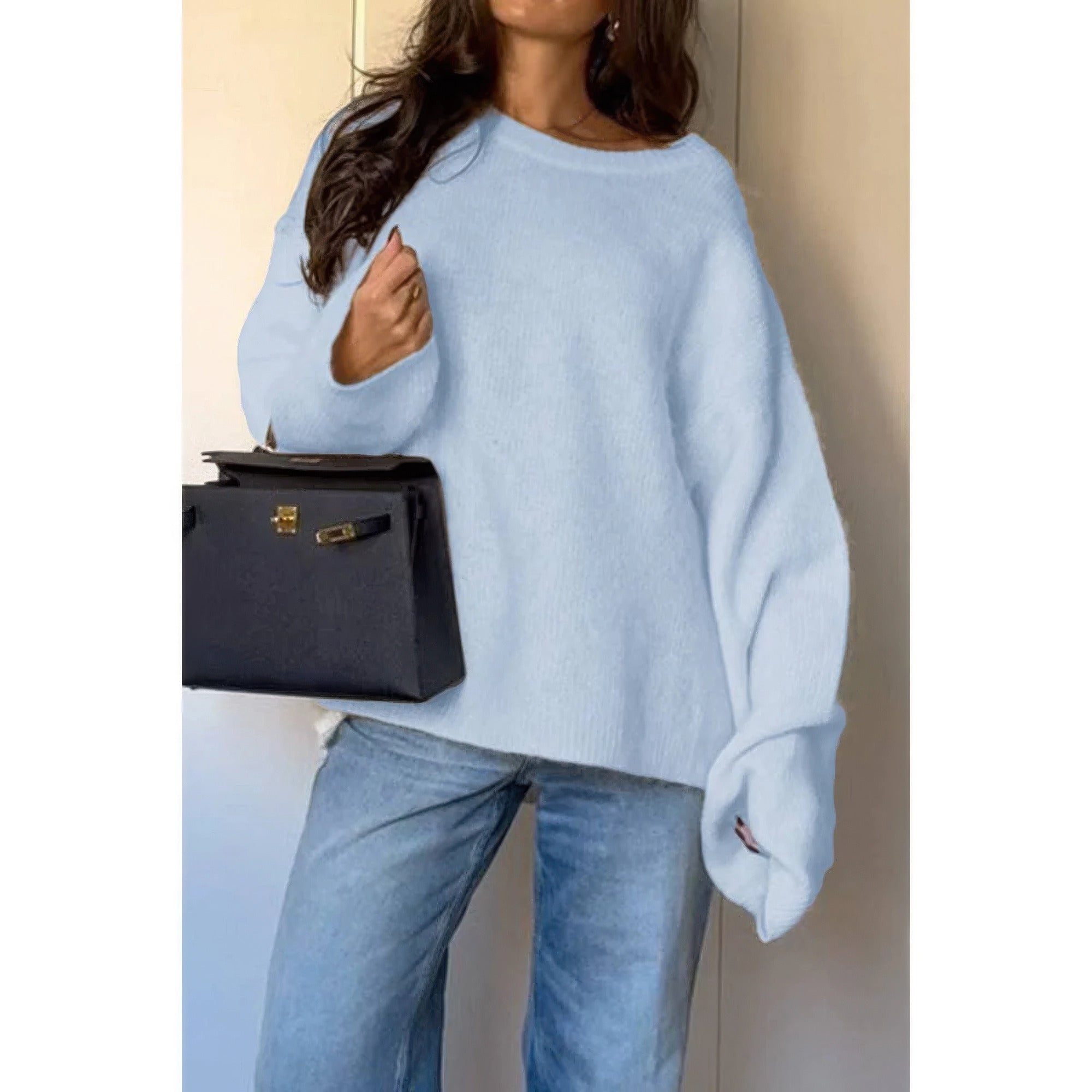 Solid Round Neck Long Sleeved Knit Loose Sweater product image