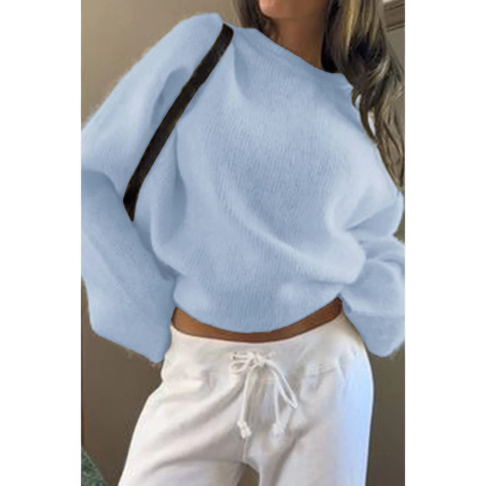 Solid Round Neck Long Sleeved Knit Loose Sweater product image