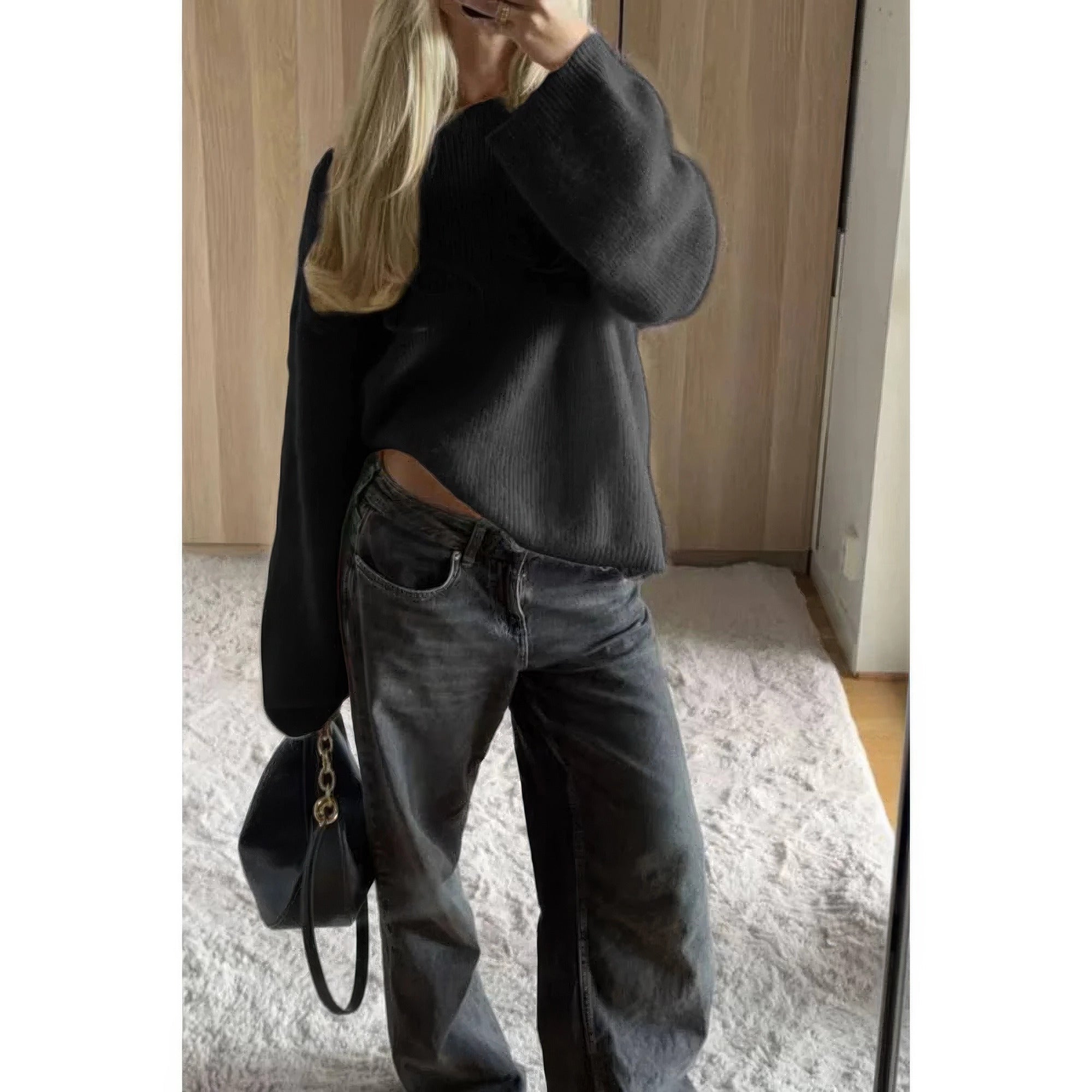 Solid Round Neck Long Sleeved Knit Loose Sweater product image