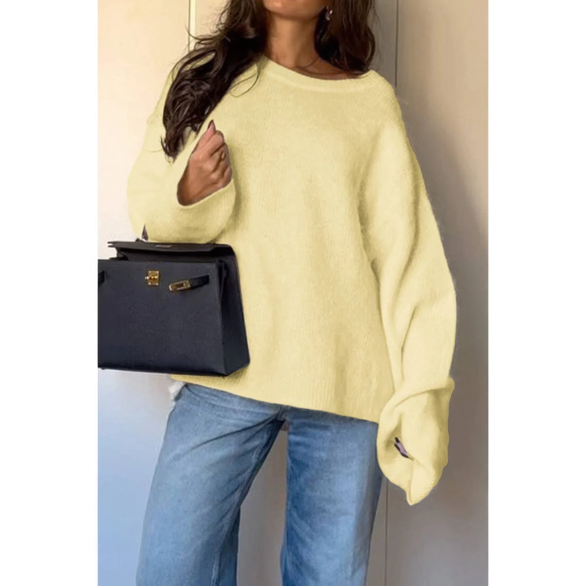 Solid Round Neck Long Sleeved Knit Loose Sweater product image