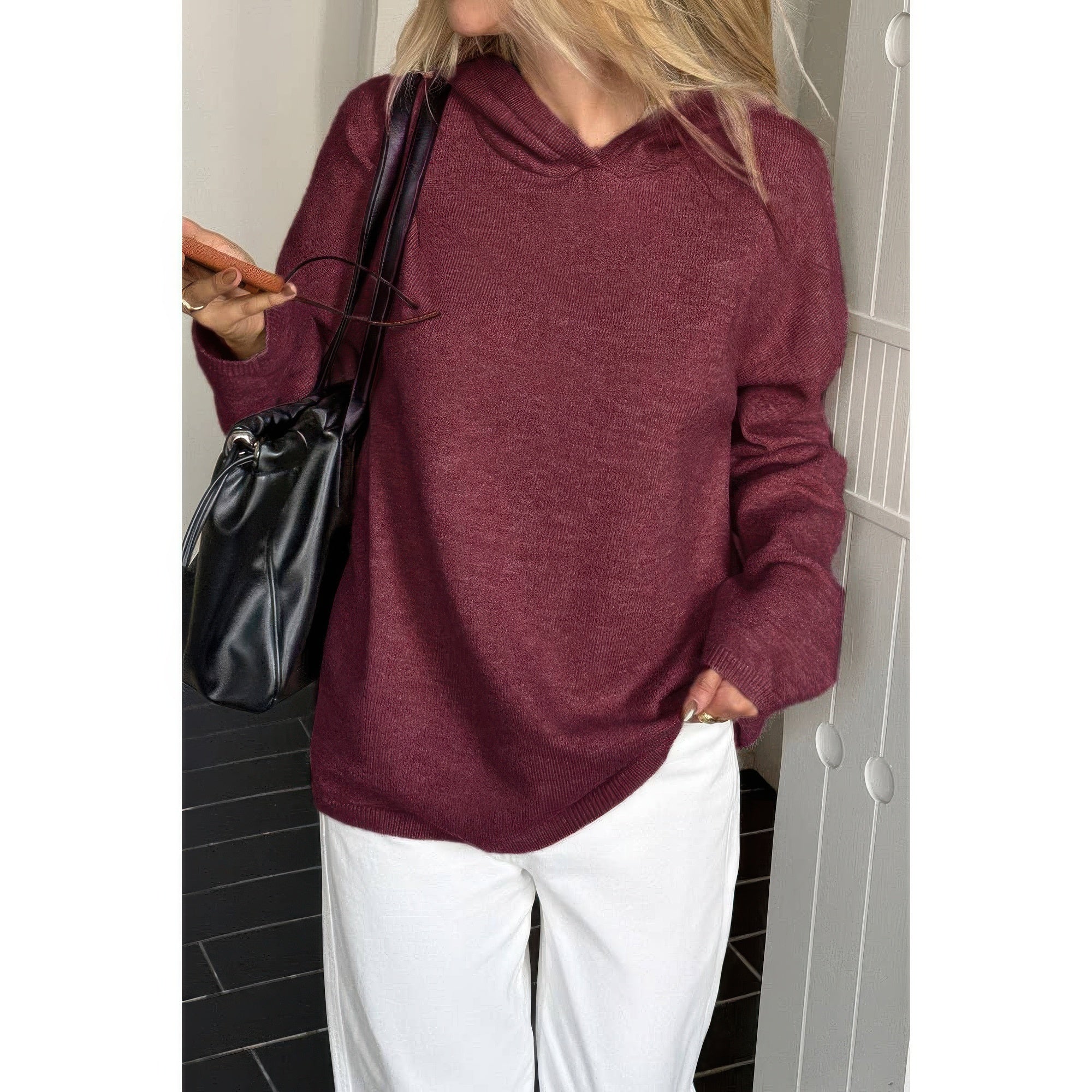 Solid Knit Long Sleeve Loose Hooded Sweater product image