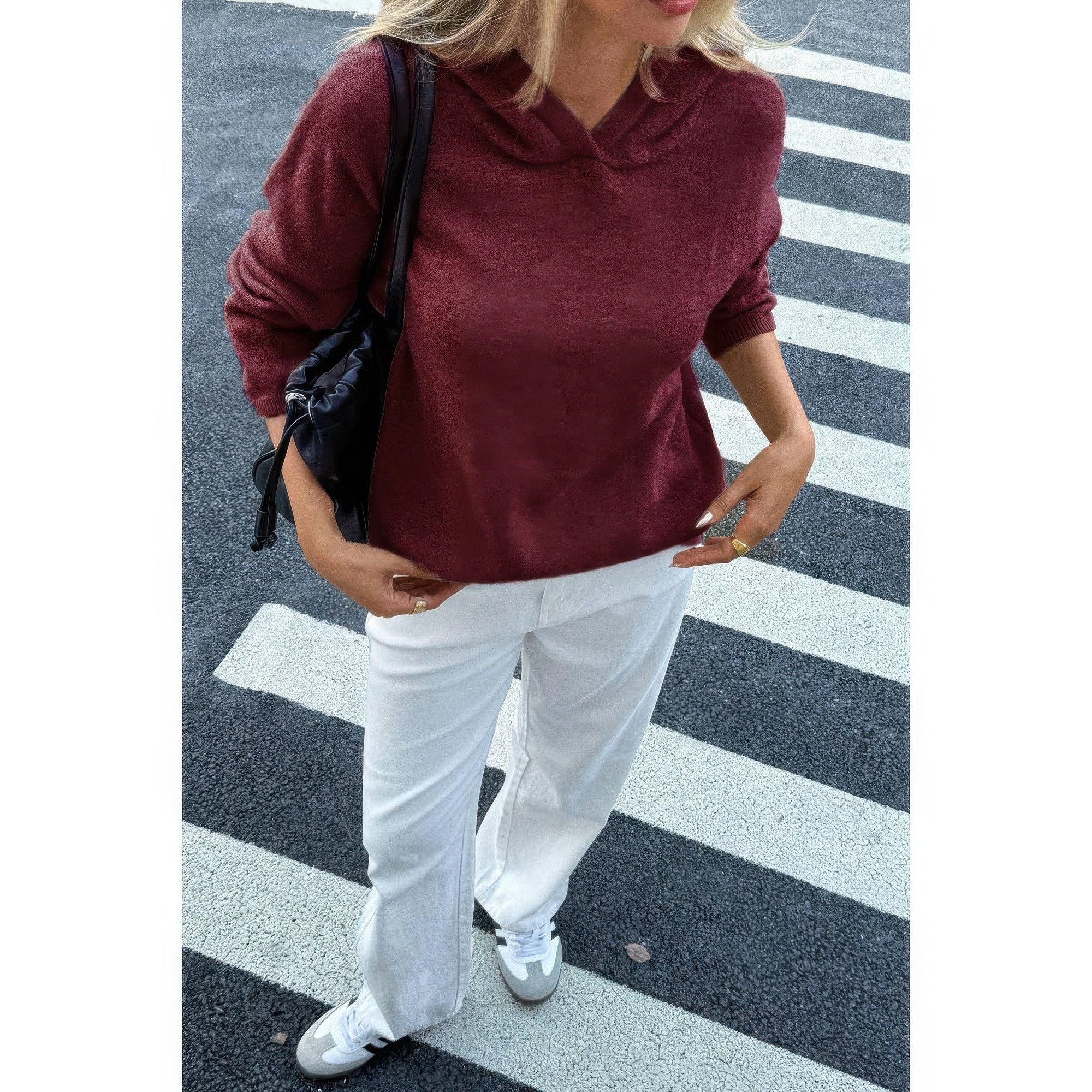 Solid Knit Long Sleeve Loose Hooded Sweater product image