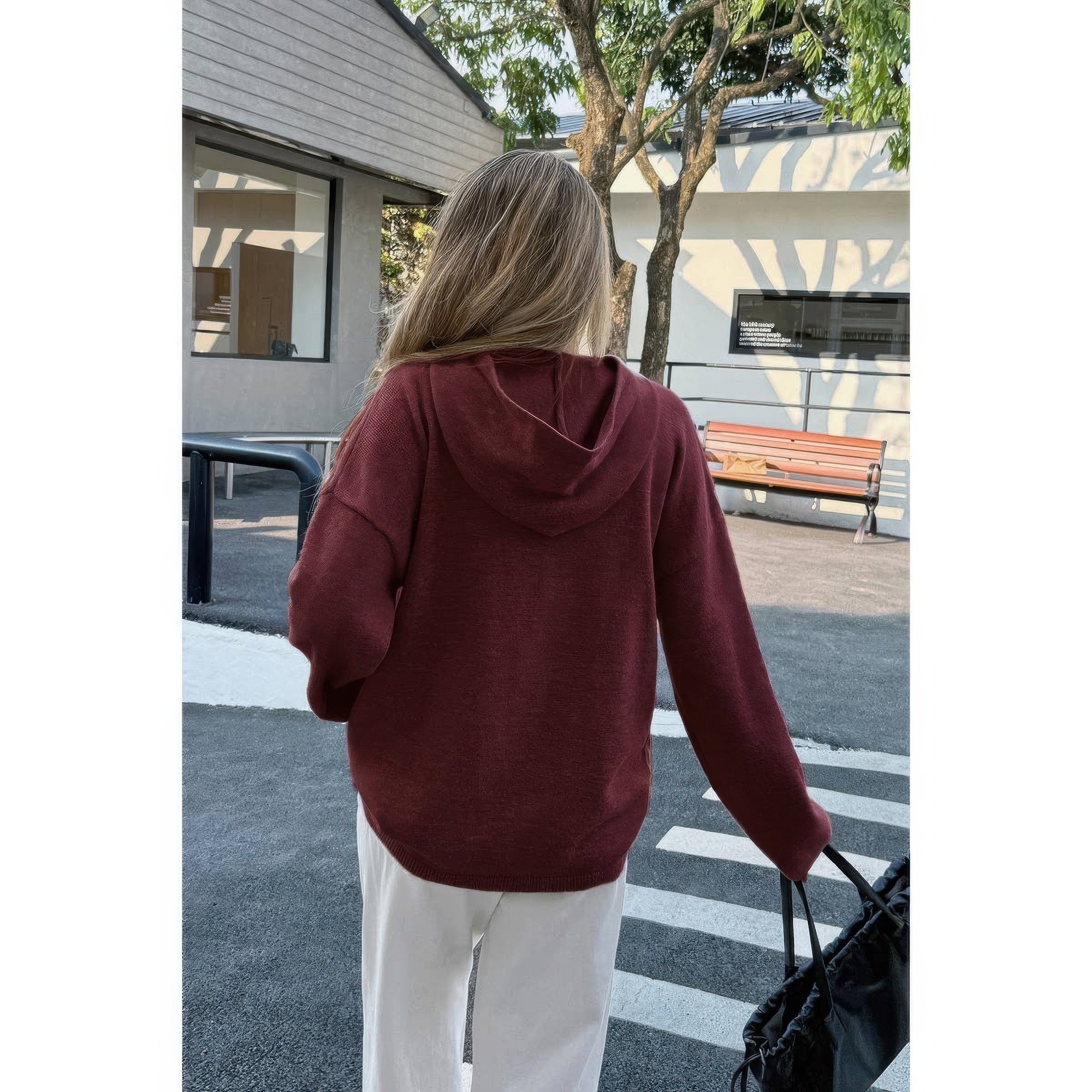 Solid Knit Long Sleeve Loose Hooded Sweater product image