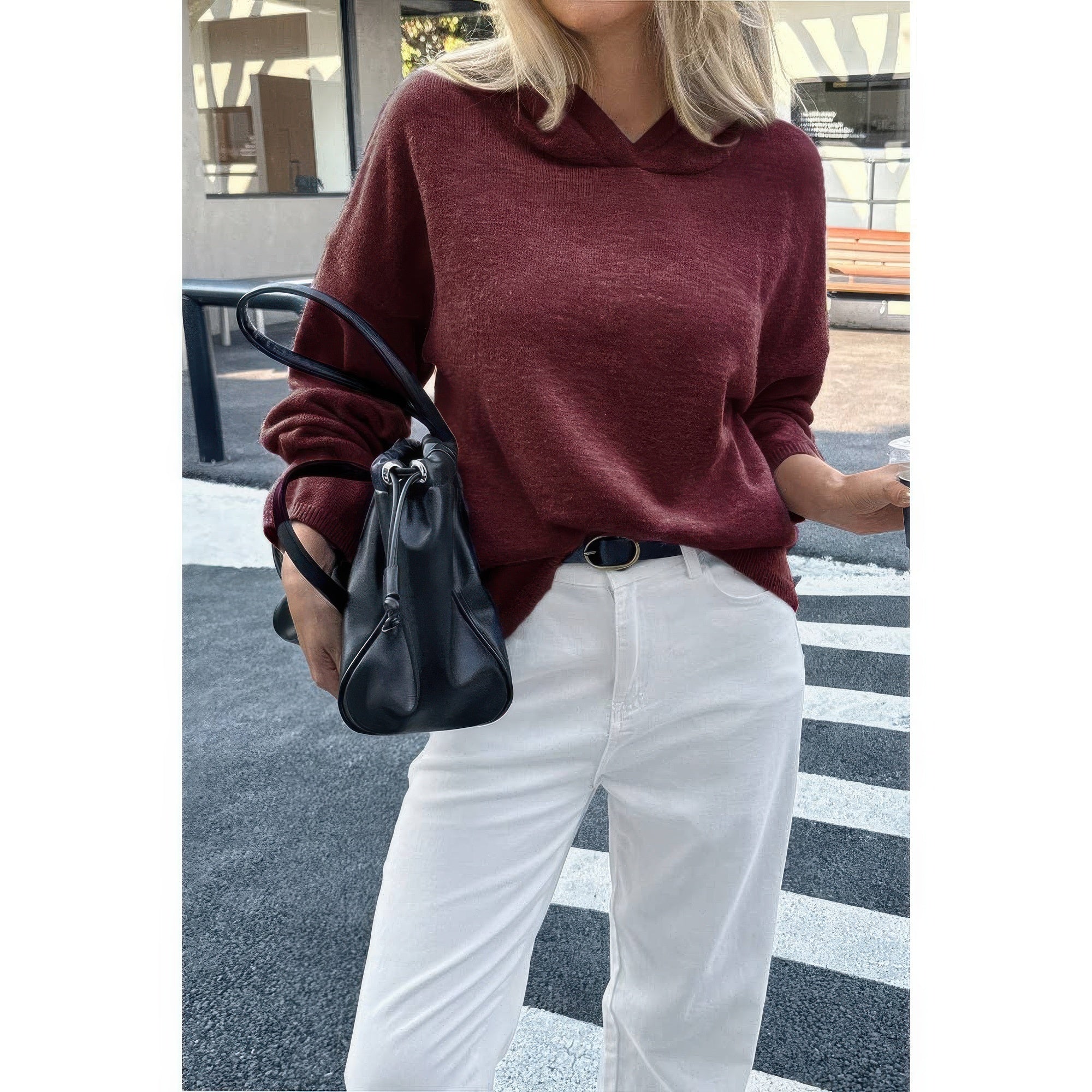 Solid Knit Long Sleeve Loose Hooded Sweater product image