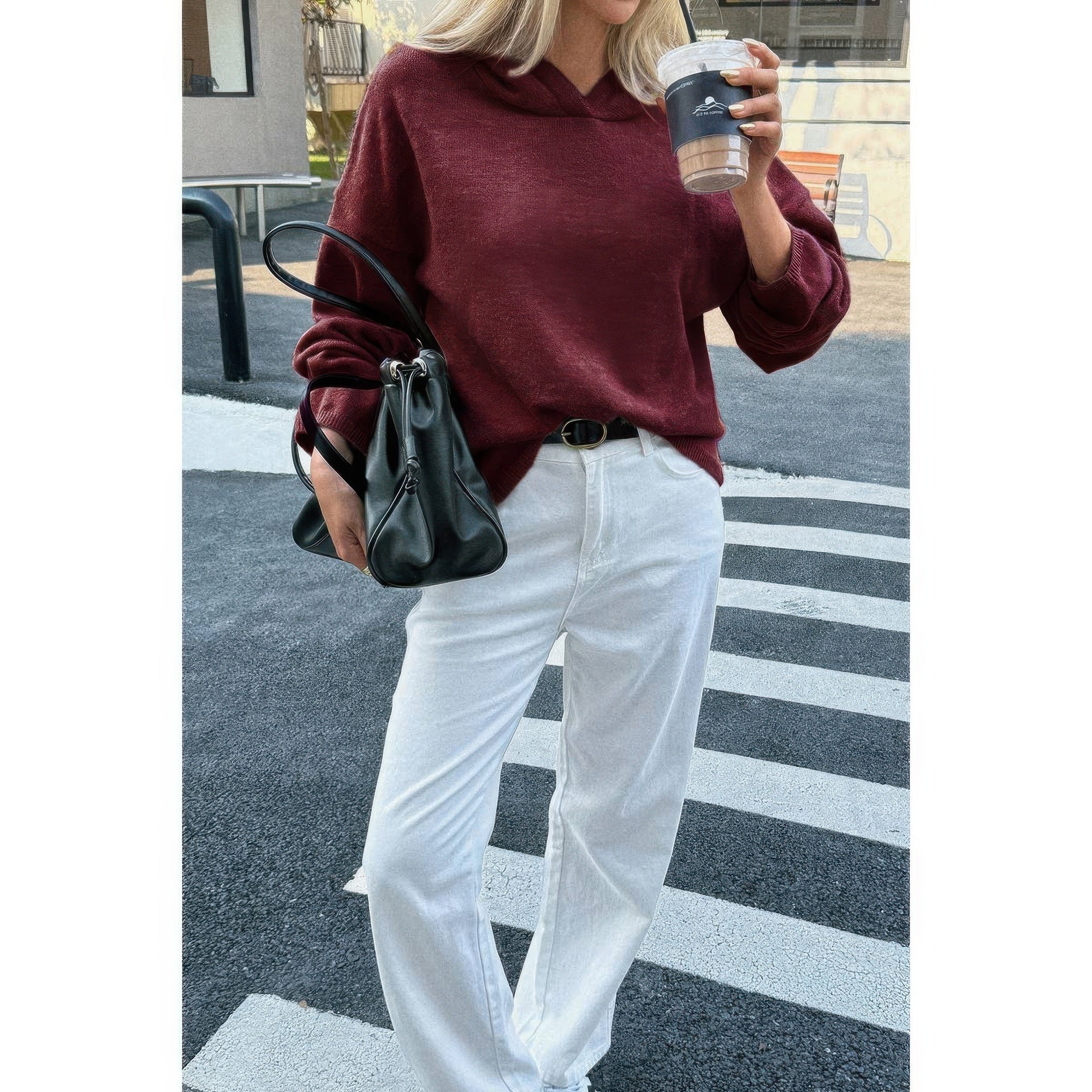 Solid Knit Long Sleeve Loose Hooded Sweater product image