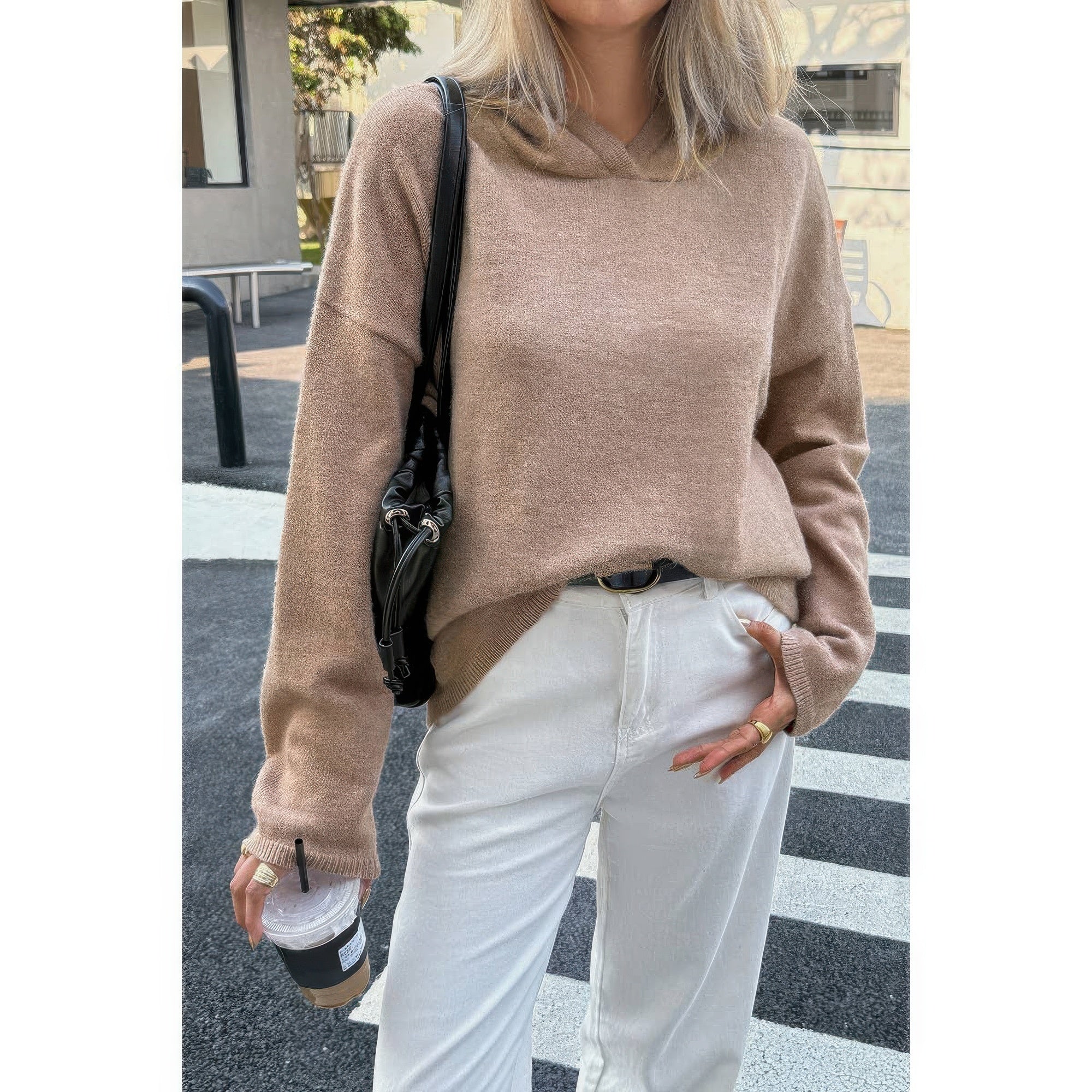 Solid Knit Long Sleeve Loose Hooded Sweater product image