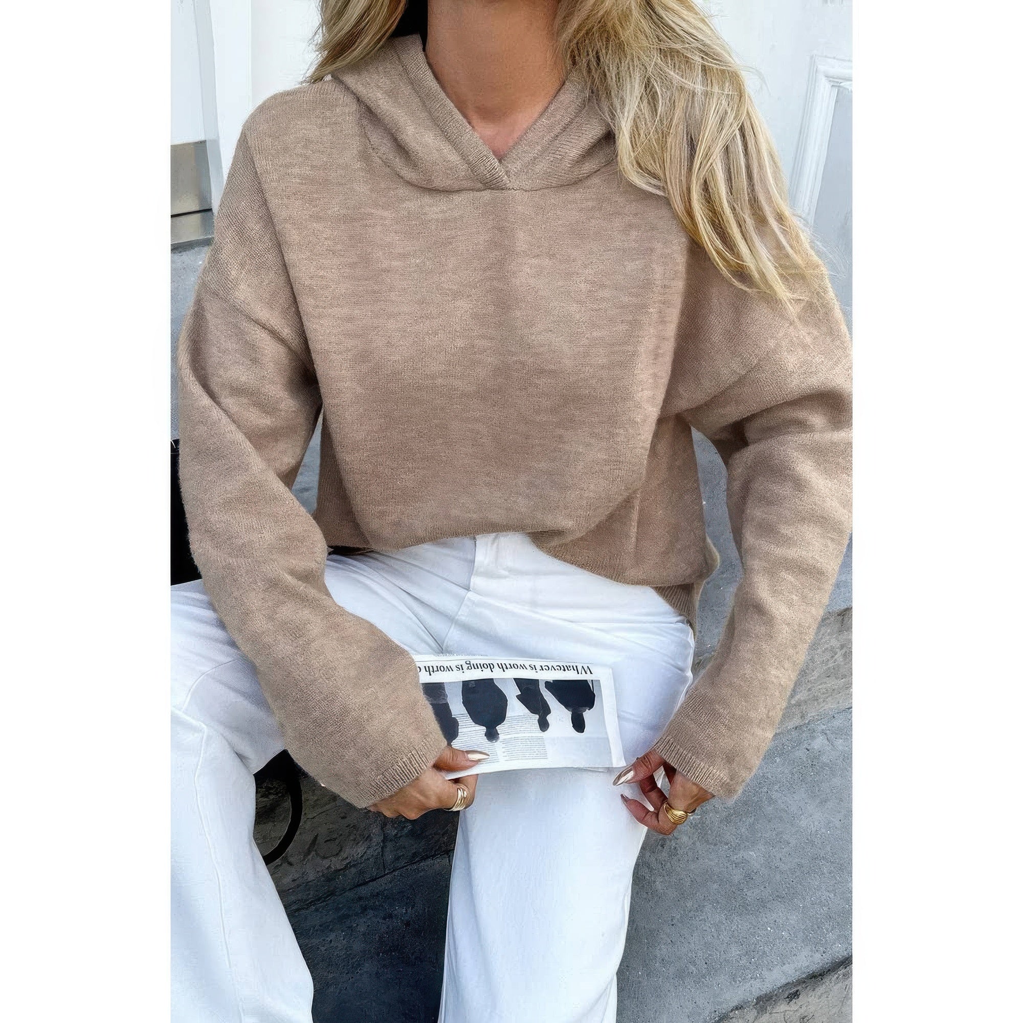 Solid Knit Long Sleeve Loose Hooded Sweater product image