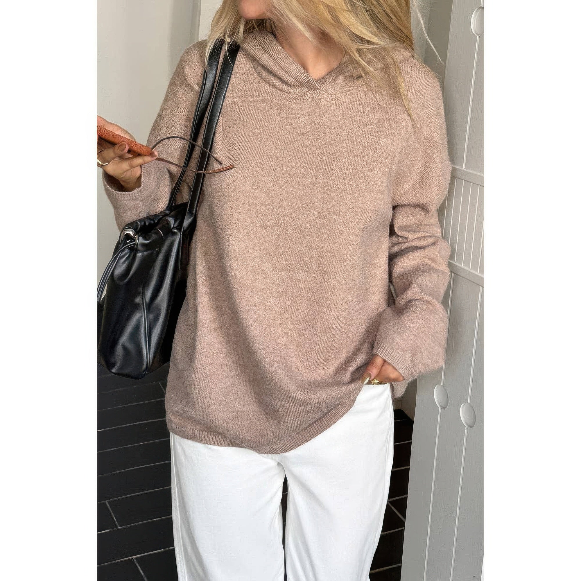 Solid Knit Long Sleeve Loose Hooded Sweater product image