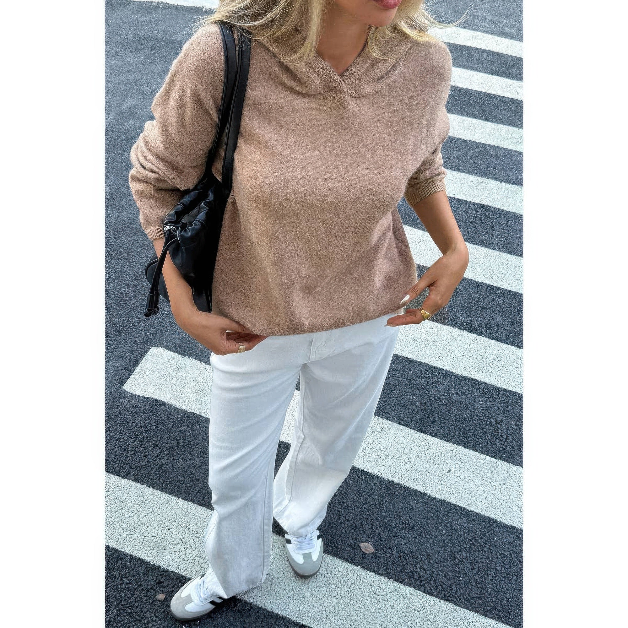 Solid Knit Long Sleeve Loose Hooded Sweater product image