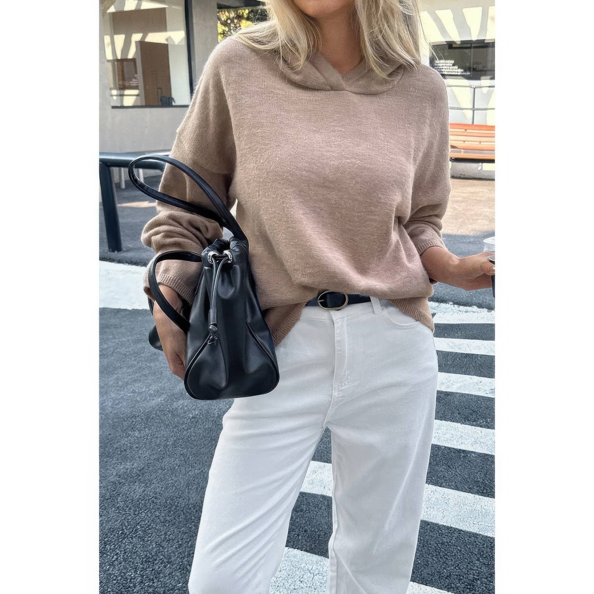 Solid Knit Long Sleeve Loose Hooded Sweater product image