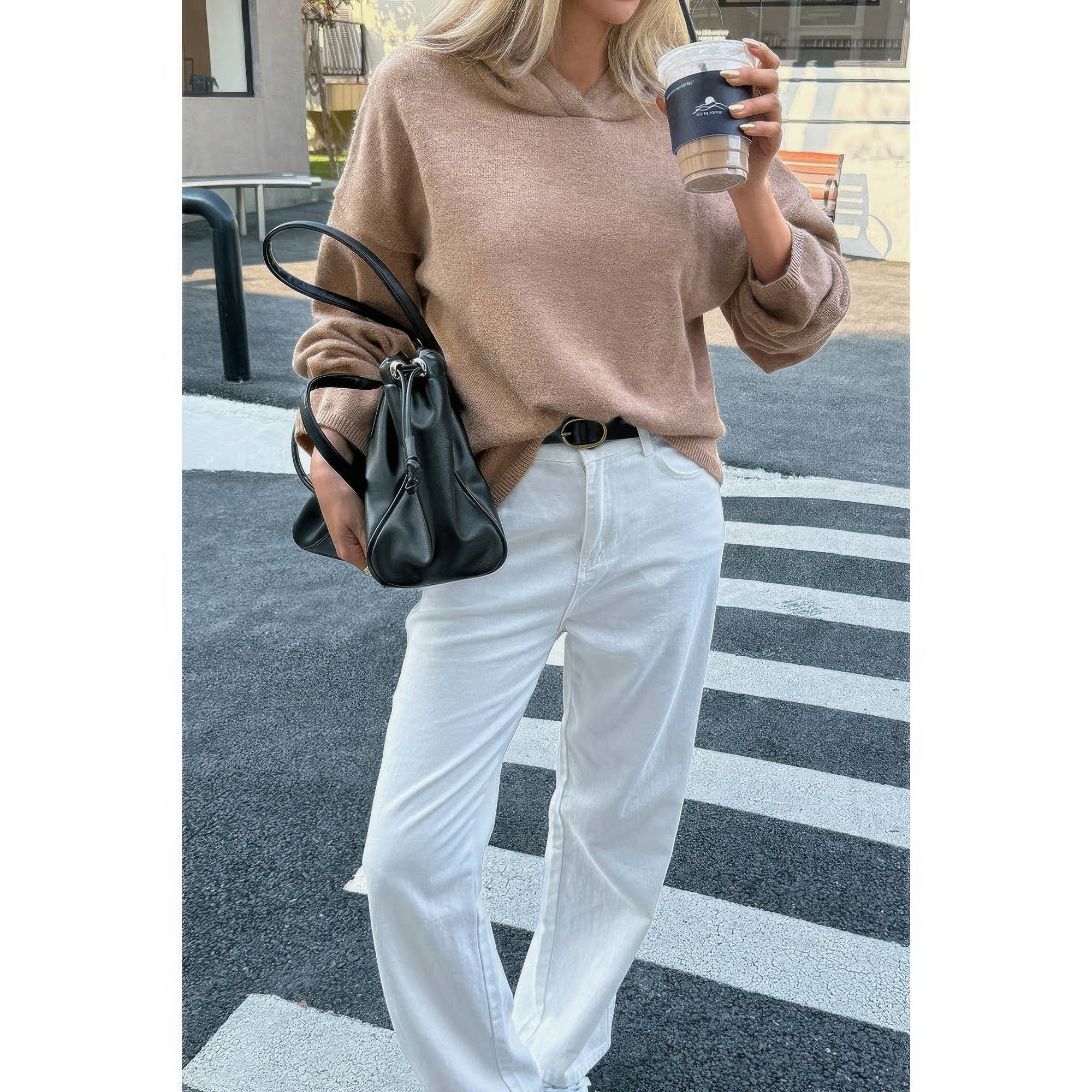 Solid Knit Long Sleeve Loose Hooded Sweater product image