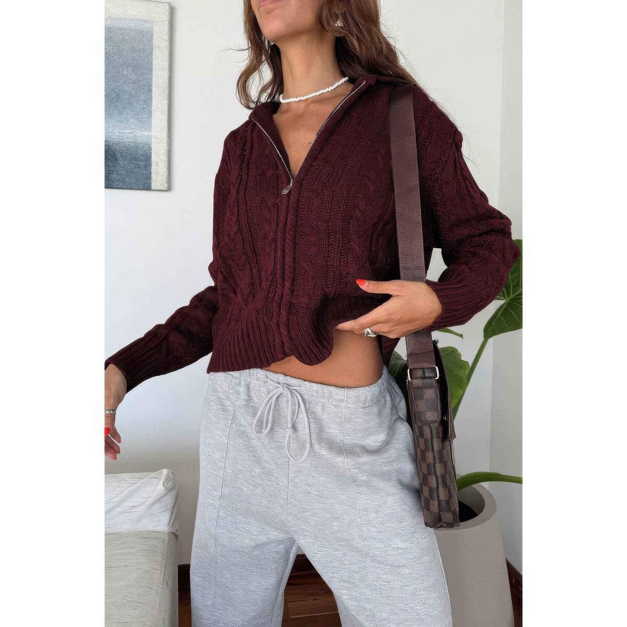 Solid Cable Knit Drop Shoulder Zipper Cardigan Solid Cable Knit Drop Shoulder Zipper Cardigan