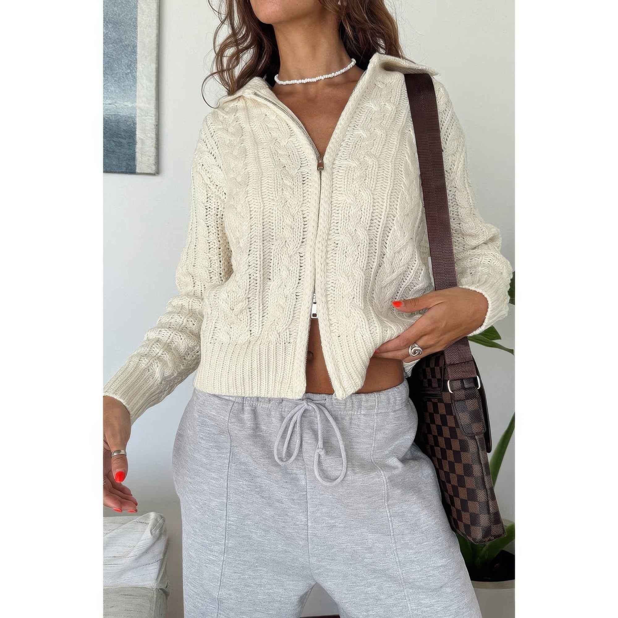 Solid Cable Knit Drop Shoulder Zipper Cardigan Solid Cable Knit Drop Shoulder Zipper Cardigan