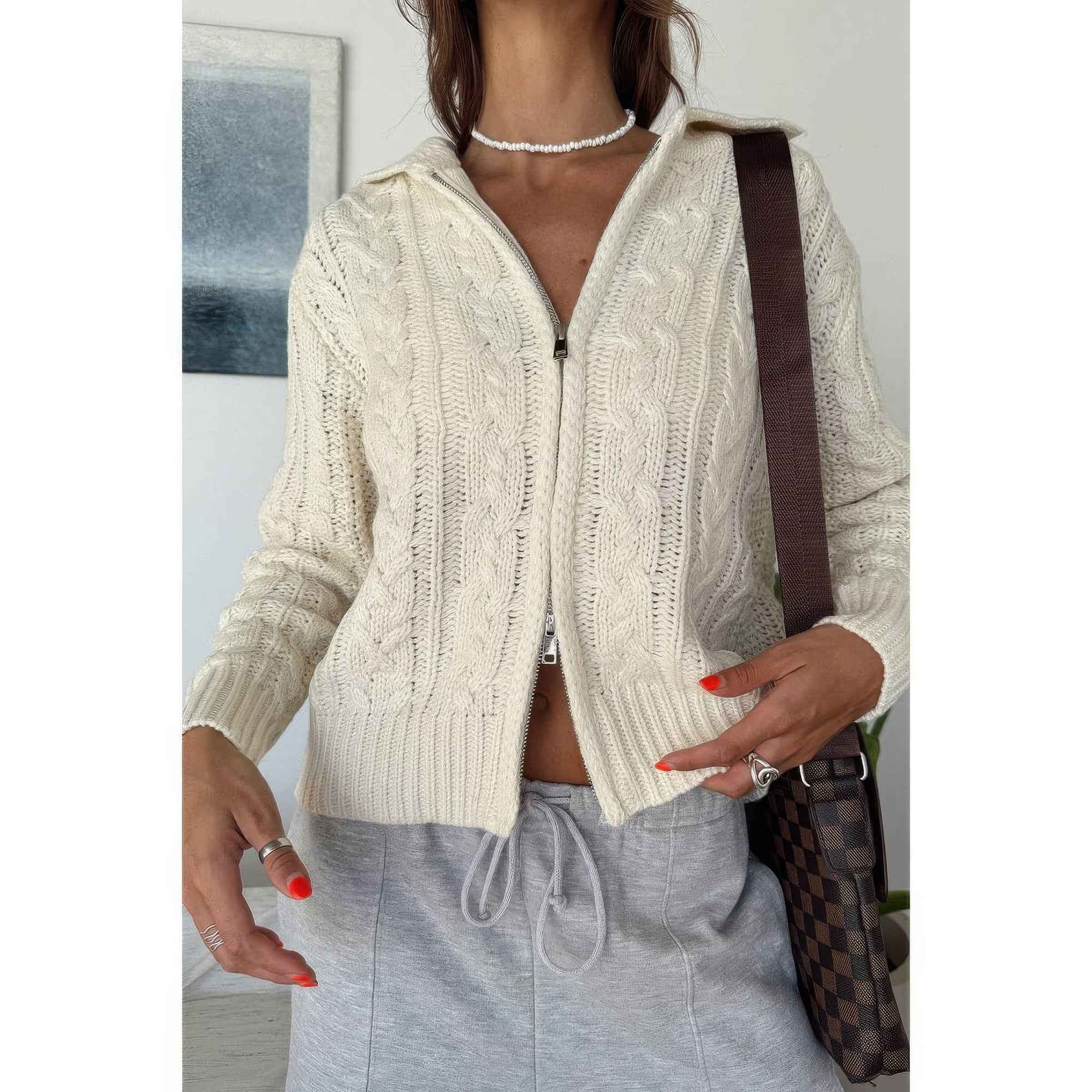 Solid Cable Knit Drop Shoulder Zipper Cardigan Solid Cable Knit Drop Shoulder Zipper Cardigan