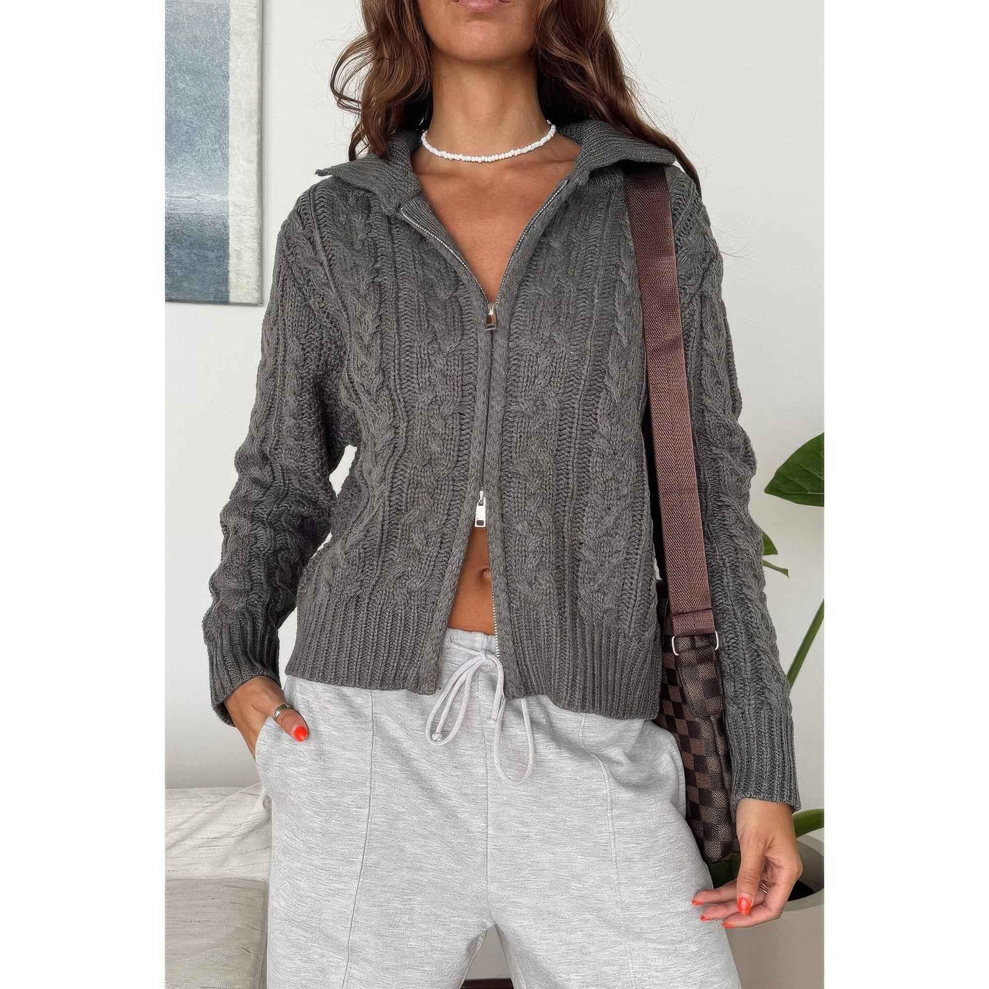 Solid Cable Knit Drop Shoulder Zipper Cardigan Solid Cable Knit Drop Shoulder Zipper Cardigan