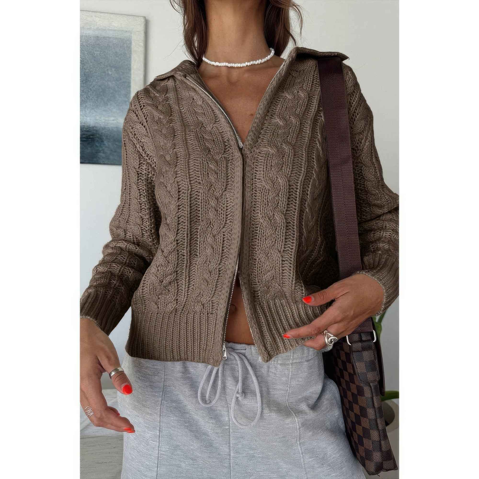 Solid Cable Knit Drop Shoulder Zipper Cardigan Solid Cable Knit Drop Shoulder Zipper Cardigan