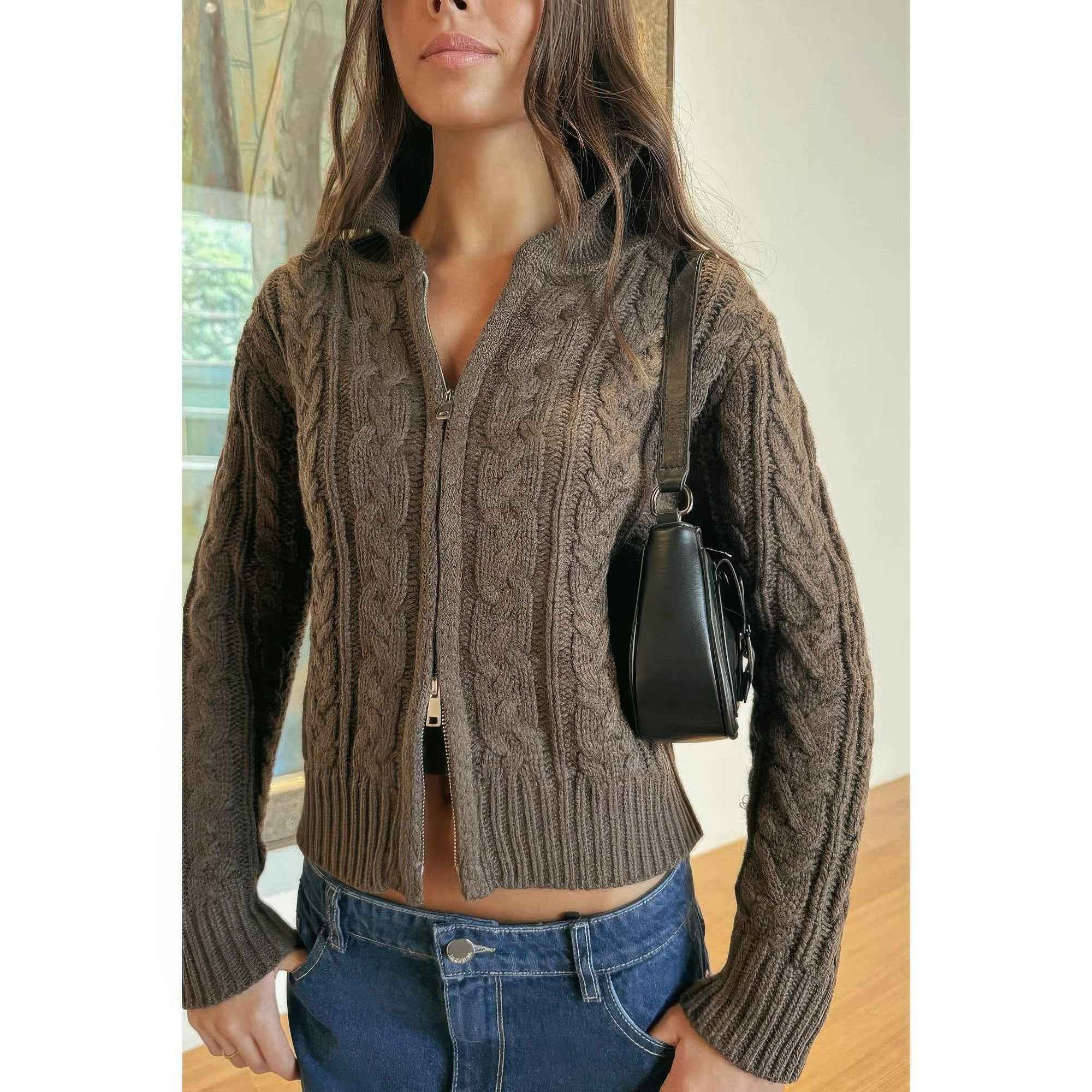 Solid Cable Knit Drop Shoulder Zipper Cardigan Solid Cable Knit Drop Shoulder Zipper Cardigan