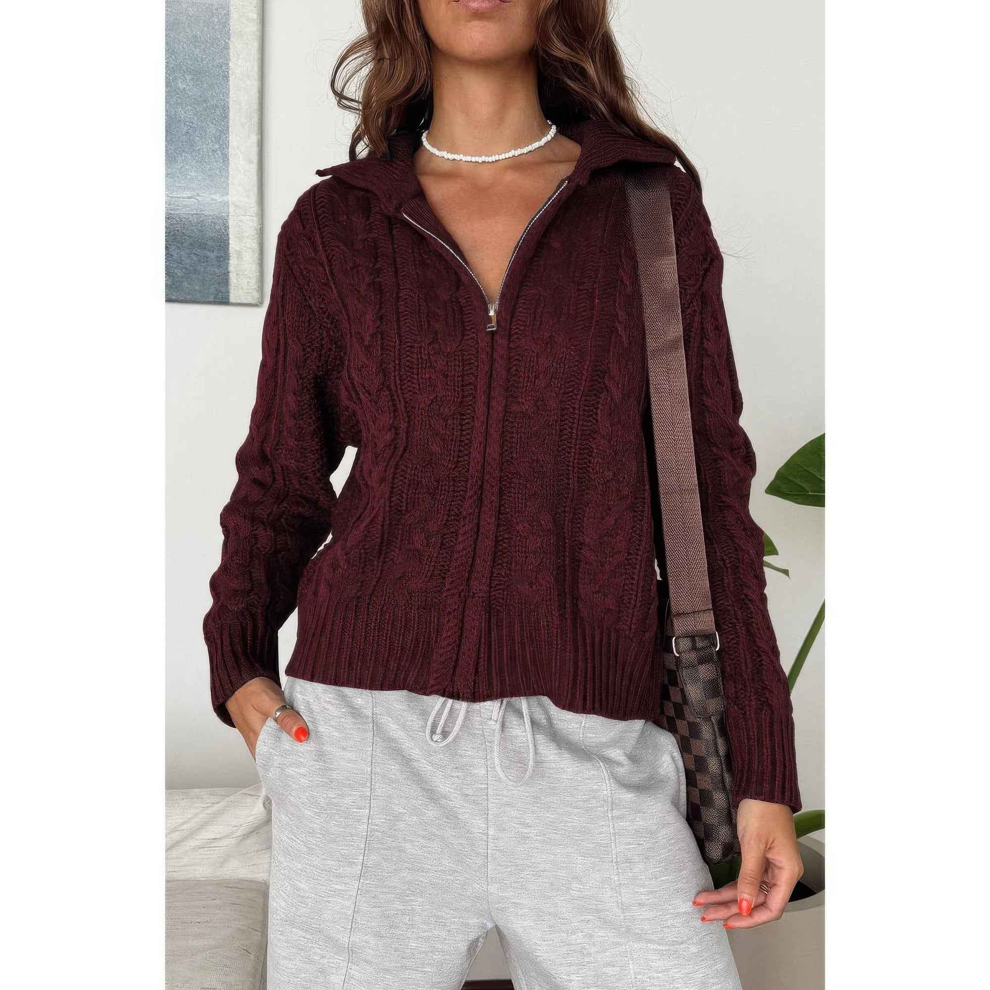 Solid Cable Knit Drop Shoulder Zipper Cardigan Solid Cable Knit Drop Shoulder Zipper Cardigan