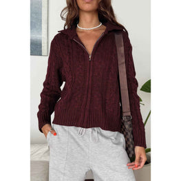 Solid Cable Knit Drop Shoulder Zipper Cardigan