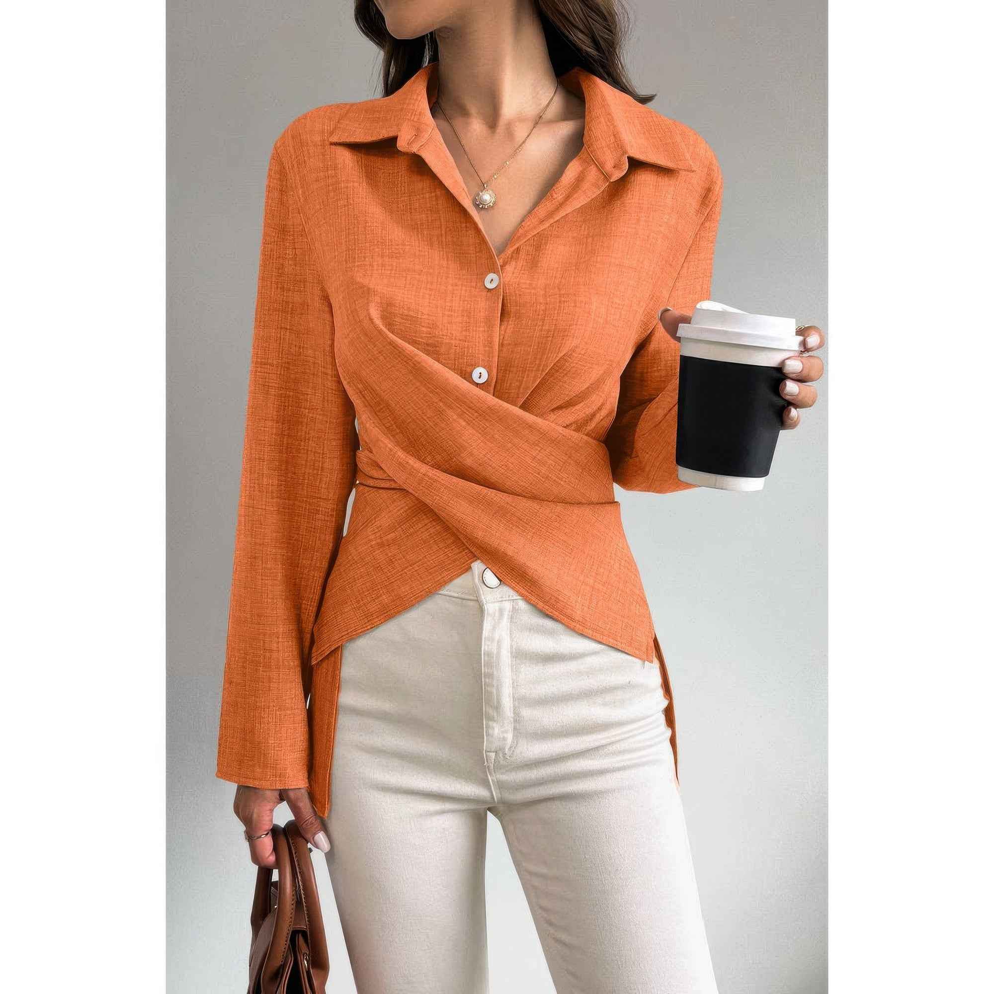 Solid Crossed Button Long Sleeve Blouse Solid Crossed Button Long Sleeve Blouse