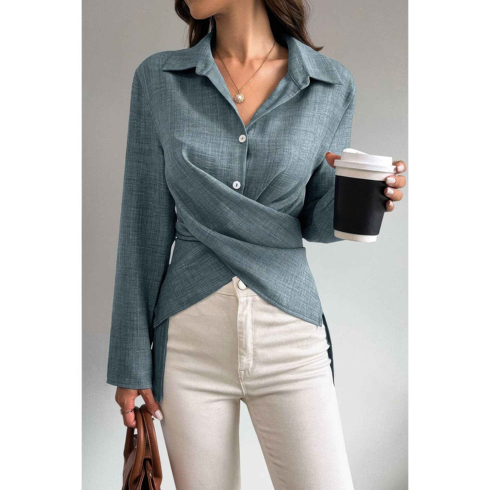 Solid Crossed Button Long Sleeve Blouse Solid Crossed Button Long Sleeve Blouse
