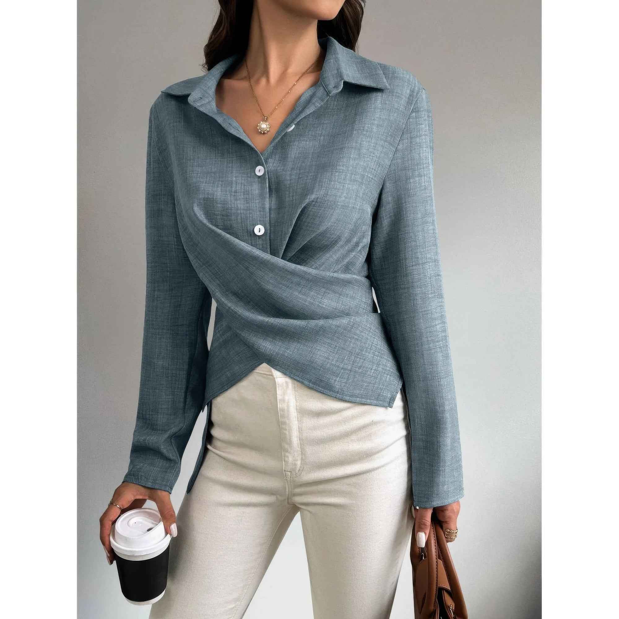Solid Crossed Button Long Sleeve Blouse Solid Crossed Button Long Sleeve Blouse
