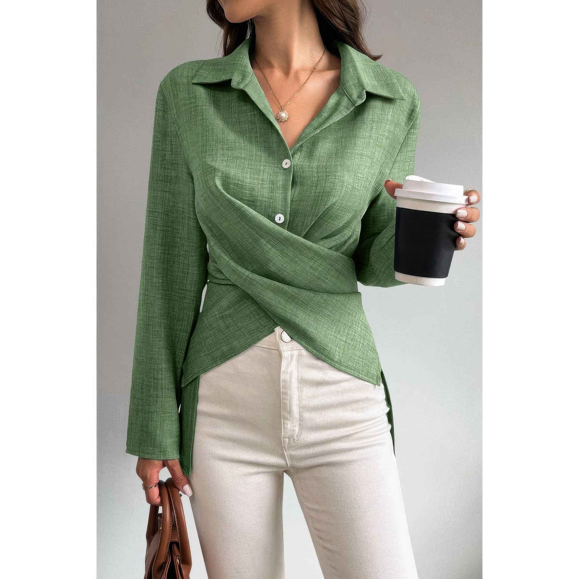 Solid Crossed Button Long Sleeve Blouse Solid Crossed Button Long Sleeve Blouse